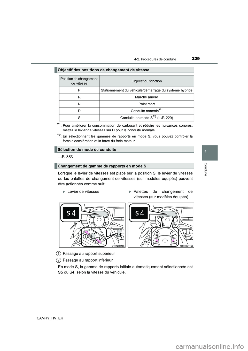 TOYOTA CAMRY 2023  Manuel du propriétaire (in French) 2294-2. Procédures de conduite
4
Conduite
CAMRY_HV_EK
*1: Pour améliorer la consommation de carburant et réduire les nuisances sonores, 
mettez le levier de vitesses sur D pour la conduite normale.