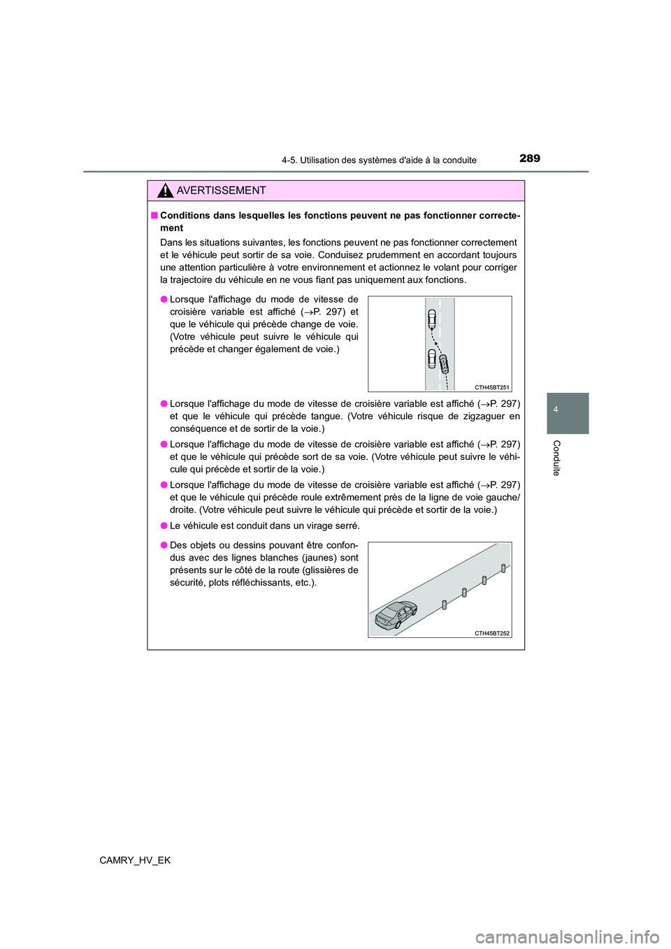 TOYOTA CAMRY 2023  Manuel du propriétaire (in French) 2894-5. Utilisation des systèmes daide à la conduite
4
Conduite
CAMRY_HV_EK
AVERTISSEMENT
■Conditions dans lesquelles les fonctions peuvent ne pas fonctionner correcte- 
ment 
Dans les situations