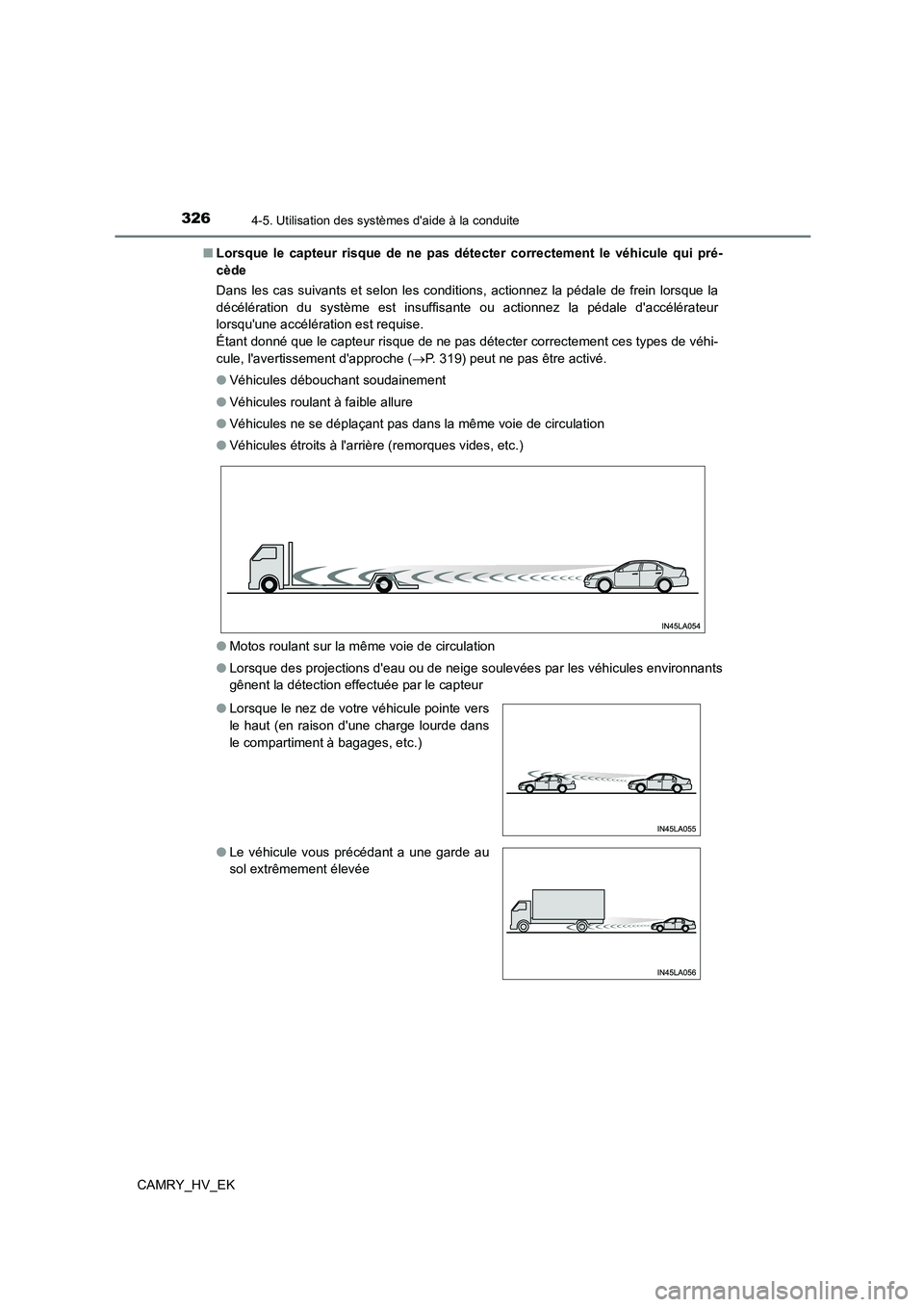 TOYOTA CAMRY 2023 Manuel du propriétaire (in French) 3264-5. Utilisation des systèmes daide à la conduite
CAMRY_HV_EK
■ Lorsque le capteur risque de ne pas détecter correctement le véhicule qui pré-
cède
Dans les cas suivants et selon les co TOYOTA CAMRY 2023 Manuel du propriétaire (in French) 3264-5. Utilisation des systèmes daide à la conduite
CAMRY_HV_EK
■ Lorsque le capteur risque de ne pas détecter correctement le véhicule qui pré-
cède
Dans les cas suivants et selon les co