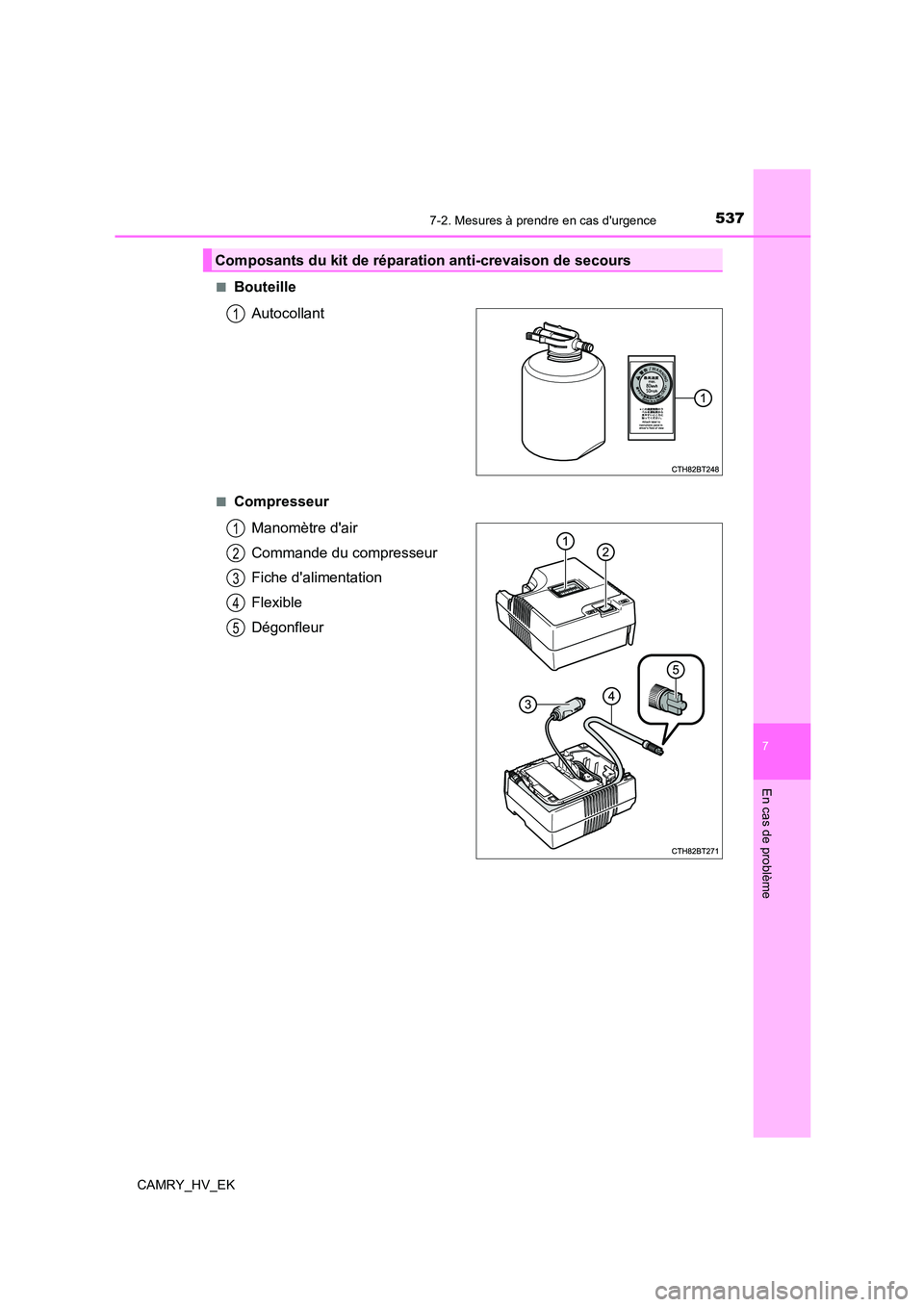 TOYOTA CAMRY 2023 Manuel du propriétaire (in French) 5377-2. Mesures à prendre en cas durgence
7
En cas de problème
CAMRY_HV_EK
■Bouteille
Autocollant
■Compresseur
Manomètre dair
Commande du compresseur
Fiche dalimentation
Flexible
Dégo TOYOTA CAMRY 2023 Manuel du propriétaire (in French) 5377-2. Mesures à prendre en cas durgence
7
En cas de problème
CAMRY_HV_EK
■Bouteille
Autocollant
■Compresseur
Manomètre dair
Commande du compresseur
Fiche dalimentation
Flexible
Dégo