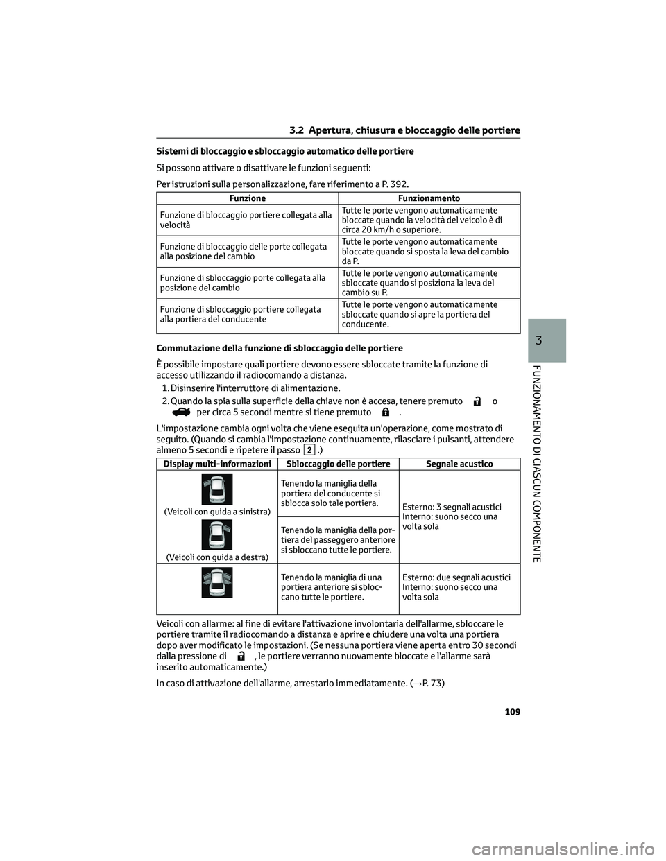 TOYOTA CAMRY 2023  Manuale duso (in Italian) Sistemi di bloccaggio e sbloccaggio automatico delle portiere
Si possono attivare o disattivare le funzioni seguenti:
Per istruzioni sulla personalizzazione, fare riferimento a P. 392.
Funzione Funzio