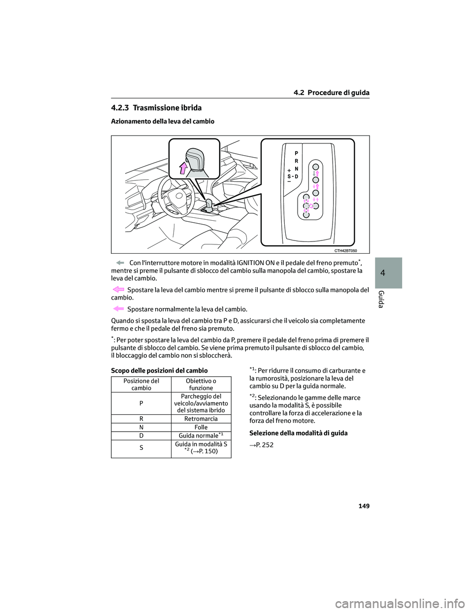 TOYOTA CAMRY 2023  Manuale duso (in Italian) 4.2.3 Trasmissione ibrida
Azionamento della leva del cambio
Con l'interruttore motore in modalità IGNITION ON e il pedale del freno premuto*,
mentre si preme il pulsante di sblocco del cambio sul