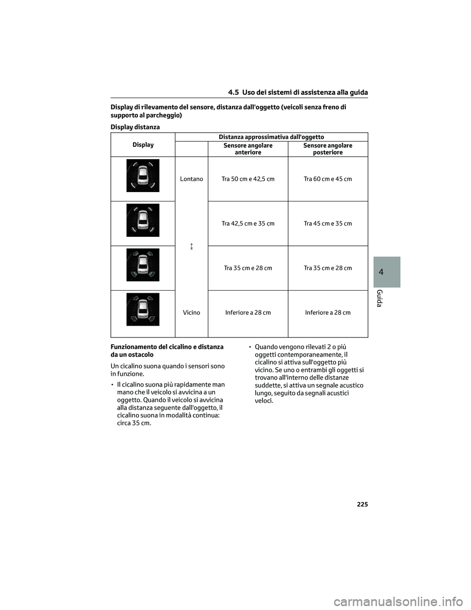TOYOTA CAMRY 2023  Manuale duso (in Italian) Display di rilevamento del sensore, distanza dall'oggetto (veicoli senza freno di
supporto al parcheggio)
Display distanza
DisplayDistanza approssimativa dall'oggetto
Sensore angolare
anterior