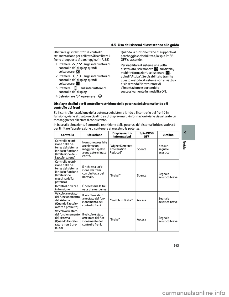 TOYOTA CAMRY 2023  Manuale duso (in Italian) Utilizzare gli interruttori di controllo
strumentazione per abilitare/disabilitare il
freno di supporto al parcheggio. (→
P. 88)
1. Premere
/sugli interruttori di
controllo del display, quindi
selez