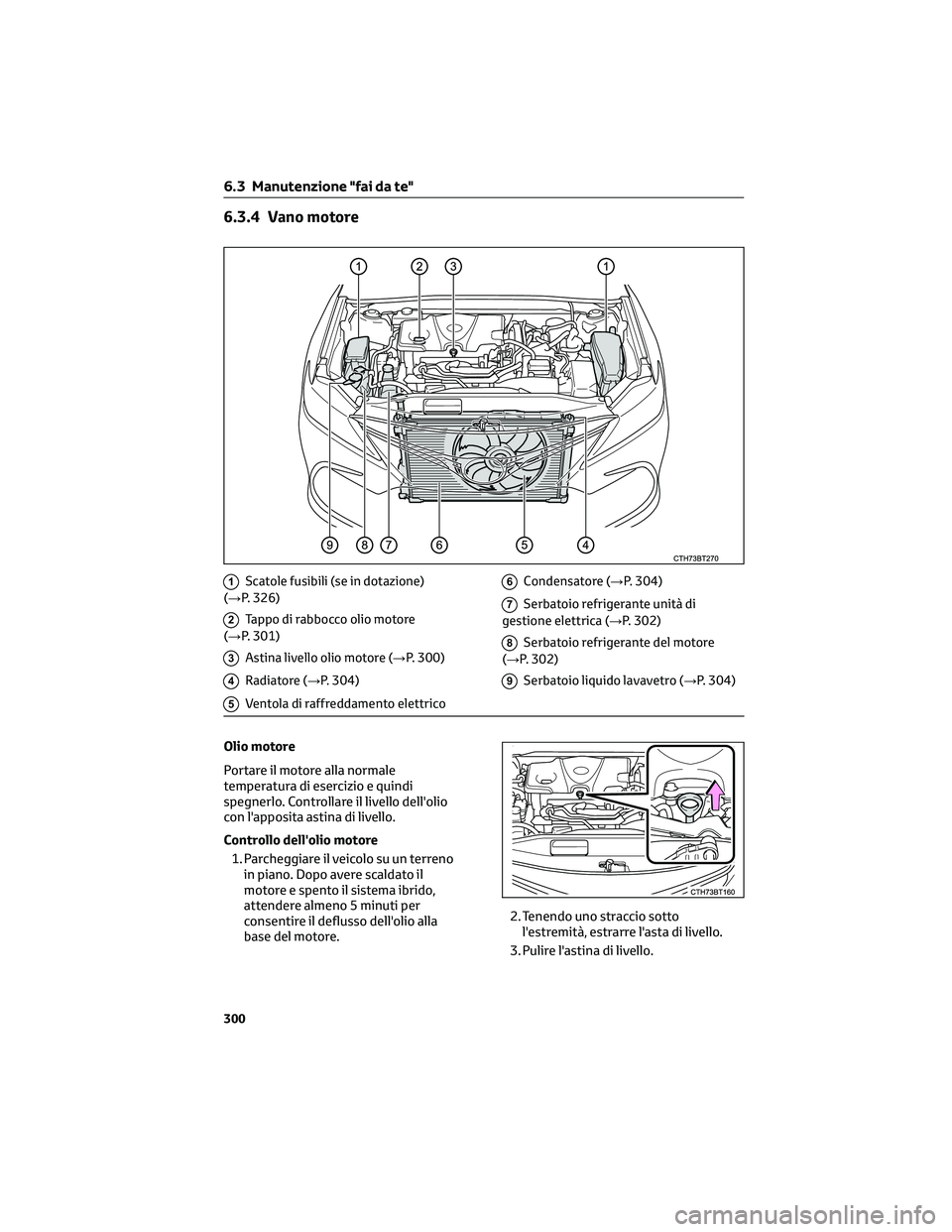TOYOTA CAMRY 2023  Manuale duso (in Italian) 6.3.4 Vano motore
1Scatole fusibili (se in dotazione)
(→P. 326)
2Tappo di rabbocco olio motore
(→P. 301)
3Astina livello olio motore (→P. 300)
4Radiatore (→P. 304)
5Ventola di raffreddamento e