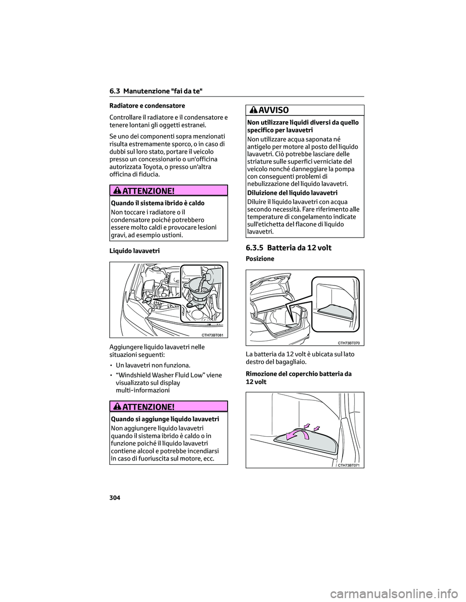 TOYOTA CAMRY 2023  Manuale duso (in Italian) Radiatore e condensatore
Controllare il radiatore e il condensatore e
tenere lontani gli oggetti estranei.
Se uno dei componenti sopra menzionati
risulta estremamente sporco, o in caso di
dubbi sul lo