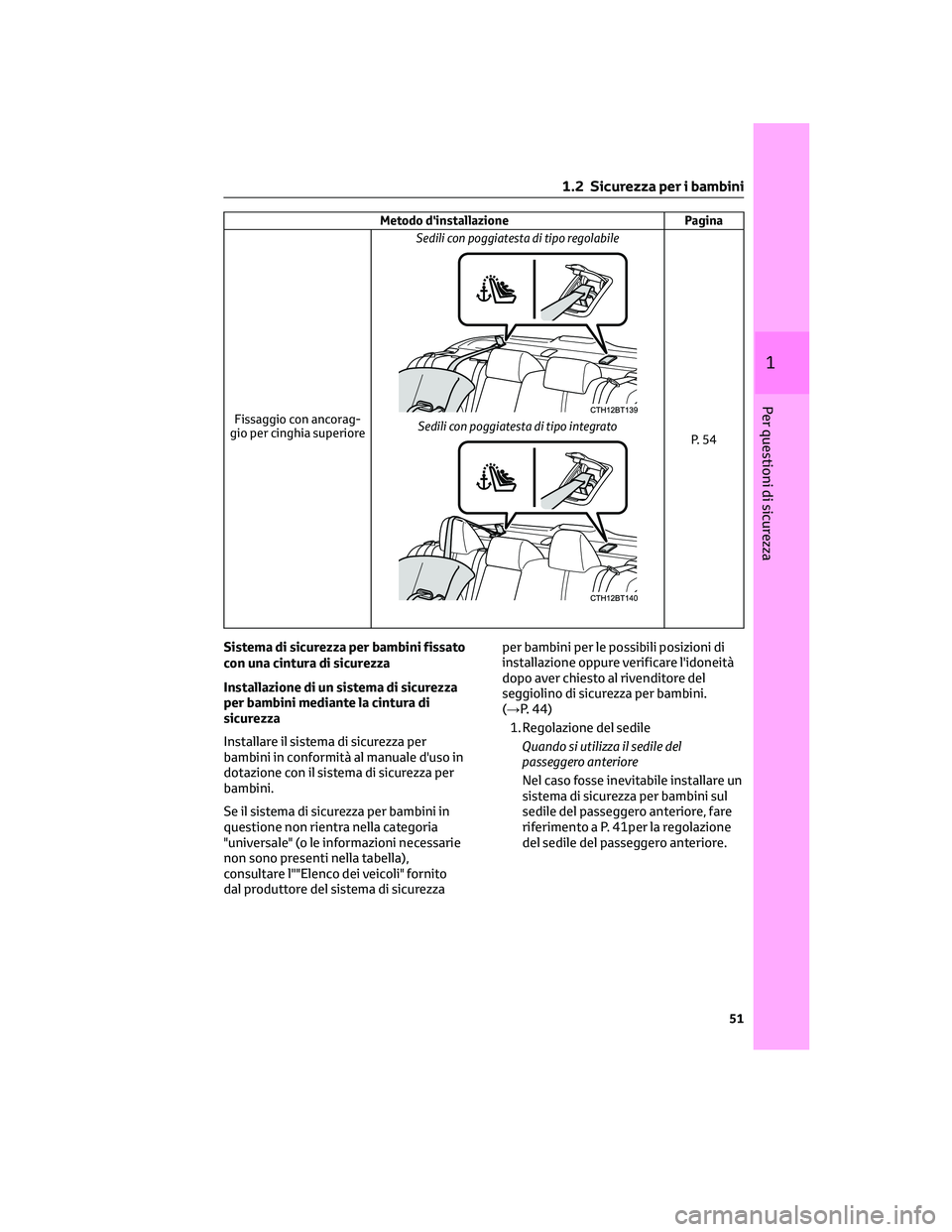 TOYOTA CAMRY 2023 Manuale duso (in Italian) Metodo d'installazione Pagina
Fissaggio con ancorag-
gio per cinghia superioreSedili con poggiatesta di tipo regolabile
Sedili con poggiatesta di tipo integratoP. 5 4
Sistema di sicurezza per bamb TOYOTA CAMRY 2023 Manuale duso (in Italian) Metodo d'installazione Pagina
Fissaggio con ancorag-
gio per cinghia superioreSedili con poggiatesta di tipo regolabile
Sedili con poggiatesta di tipo integratoP. 5 4
Sistema di sicurezza per bamb