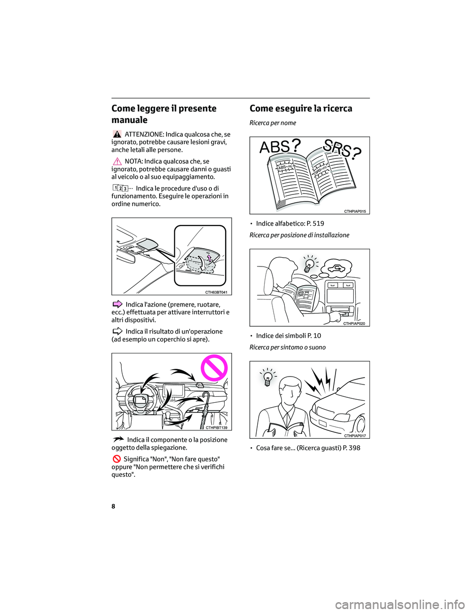 TOYOTA CAMRY 2023 Manuale duso (in Italian) Come leggere il presente
manuale
ATTENZIONE: Indica qualcosa che, se
ignorato, potrebbe causare lesioni gravi,
anche letali alle persone.
NOTA: Indica qualcosa che, se
ignorato, potrebbe causare danni TOYOTA CAMRY 2023 Manuale duso (in Italian) Come leggere il presente
manuale
ATTENZIONE: Indica qualcosa che, se
ignorato, potrebbe causare lesioni gravi,
anche letali alle persone.
NOTA: Indica qualcosa che, se
ignorato, potrebbe causare danni