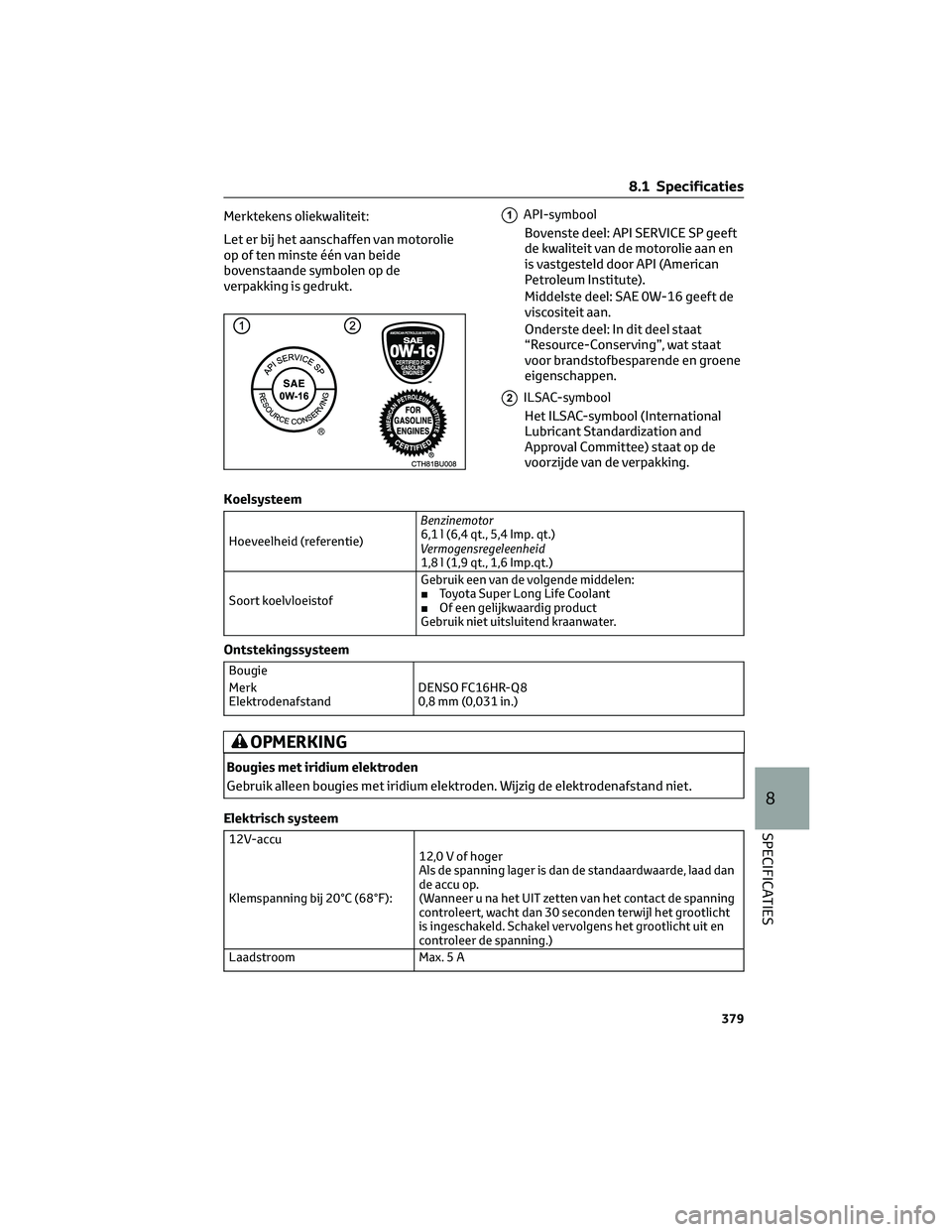 TOYOTA CAMRY 2023 Instructieboekje (in Dutch) Merktekens oliekwaliteit:
Let er bij het aanschaffen van motorolie
op of ten minste één van beide
bovenstaande symbolen op de
verpakking is gedrukt.1API-symbool
Bovenste deel: API SERVICE SP geeft
d TOYOTA CAMRY 2023 Instructieboekje (in Dutch) Merktekens oliekwaliteit:
Let er bij het aanschaffen van motorolie
op of ten minste één van beide
bovenstaande symbolen op de
verpakking is gedrukt.1API-symbool
Bovenste deel: API SERVICE SP geeft
d