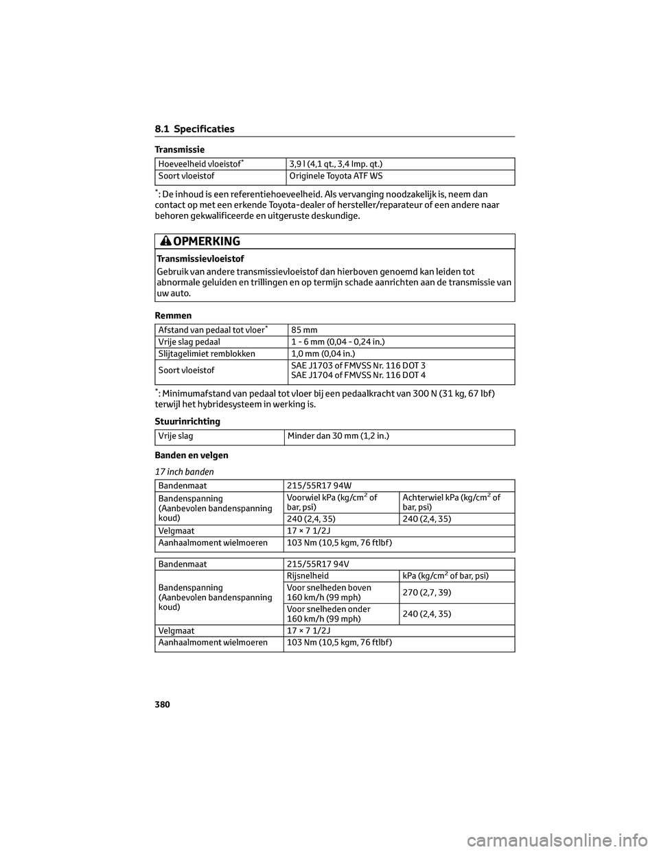 TOYOTA CAMRY 2023 Instructieboekje (in Dutch) Transmissie
Hoeveelheid vloeistof*3,9 l (4,1 qt., 3,4 Imp. qt.)
Soort vloeistof Originele Toyota ATF WS
*: De inhoud is een referentiehoeveelheid. Als vervanging noodzakelijk is, neem dan
contact op m TOYOTA CAMRY 2023 Instructieboekje (in Dutch) Transmissie
Hoeveelheid vloeistof*3,9 l (4,1 qt., 3,4 Imp. qt.)
Soort vloeistof Originele Toyota ATF WS
*: De inhoud is een referentiehoeveelheid. Als vervanging noodzakelijk is, neem dan
contact op m