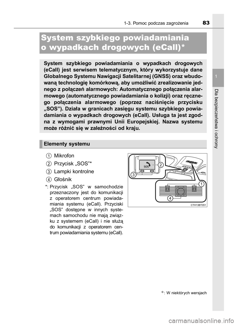 TOYOTA CAMRY 2023  Instrukcja obsługi (in Polish) Mikrofon
Przycisk „SOS”*
Lampki kontrolne
G∏oÊnik
*: Przycisk  „SOS”  w samochodzie
przeznaczony  jest  do  komunikacji
z operatorem  centrum  powiada-
miania  systemu  (eCall).  Przyciski
