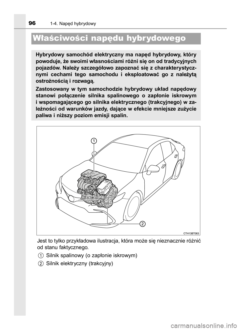TOYOTA CAMRY 2023  Instrukcja obsługi (in Polish) Jest to tylko przyk∏adowa ilustracja, która mo˝e si´ nieznacznie ró˝niç
od stanu faktycznego.
Silnik spalinowy (o zap∏onie iskrowym)
Silnik elektryczny (trakcyjny)
961-4. Nap´d hybrydowy
W