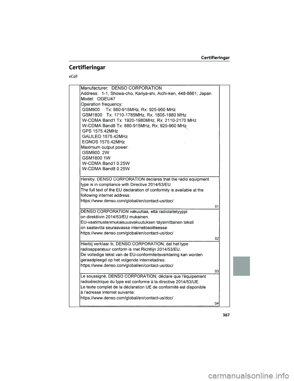 TOYOTA CAMRY 2023  Bruksanvisningar (in Swedish) Certifieringar
eCall
Certifieringar
367 