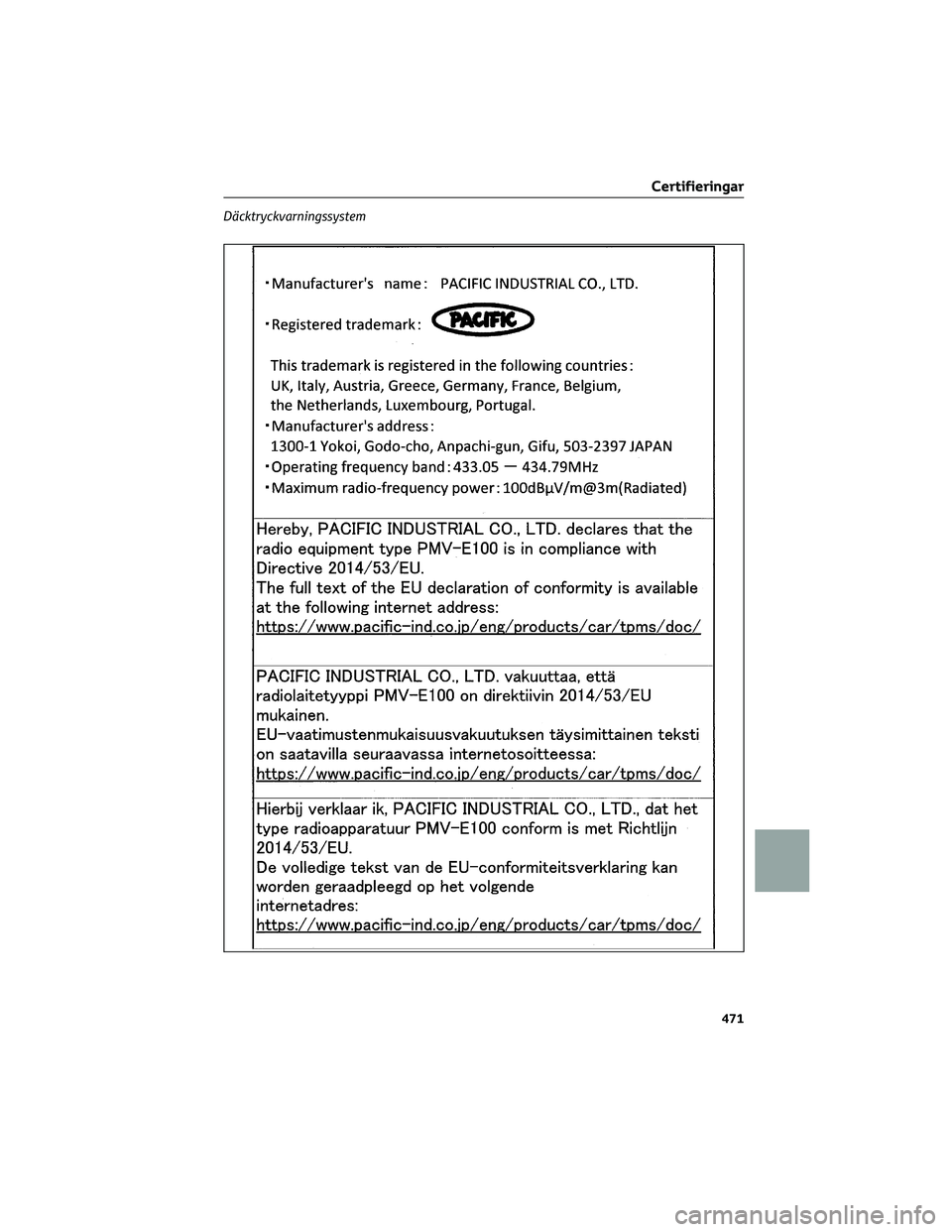 TOYOTA CAMRY 2023 Bruksanvisningar (in Swedish) Däcktryckvarningssystem
Certifieringar
471 TOYOTA CAMRY 2023 Bruksanvisningar (in Swedish) Däcktryckvarningssystem
Certifieringar
471