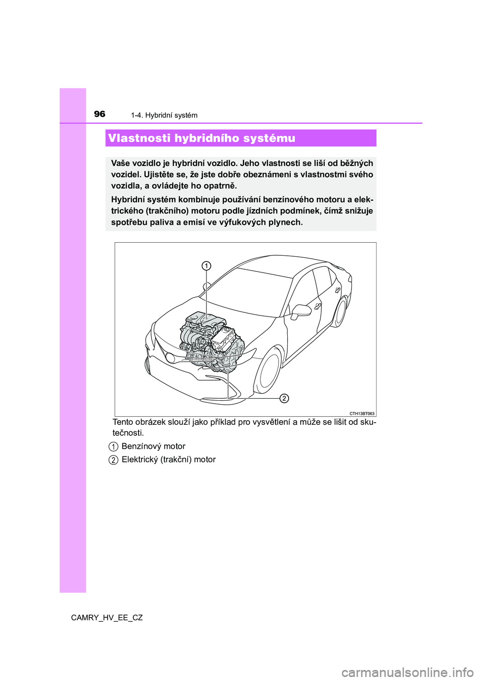 TOYOTA CAMRY 2023 Návod na použití (in Czech) 96
CAMRY_HV_EE_CZ
1-4. Hybridní systém
Tento obrázek slouží jako příklad pro vysvětlení a může se lišit od sku-
tečnosti.
Benzínový motor
Elektrický (trakční) motor
Vlastnosti hybr TOYOTA CAMRY 2023 Návod na použití (in Czech) 96
CAMRY_HV_EE_CZ
1-4. Hybridní systém
Tento obrázek slouží jako příklad pro vysvětlení a může se lišit od sku-
tečnosti.
Benzínový motor
Elektrický (trakční) motor
Vlastnosti hybr