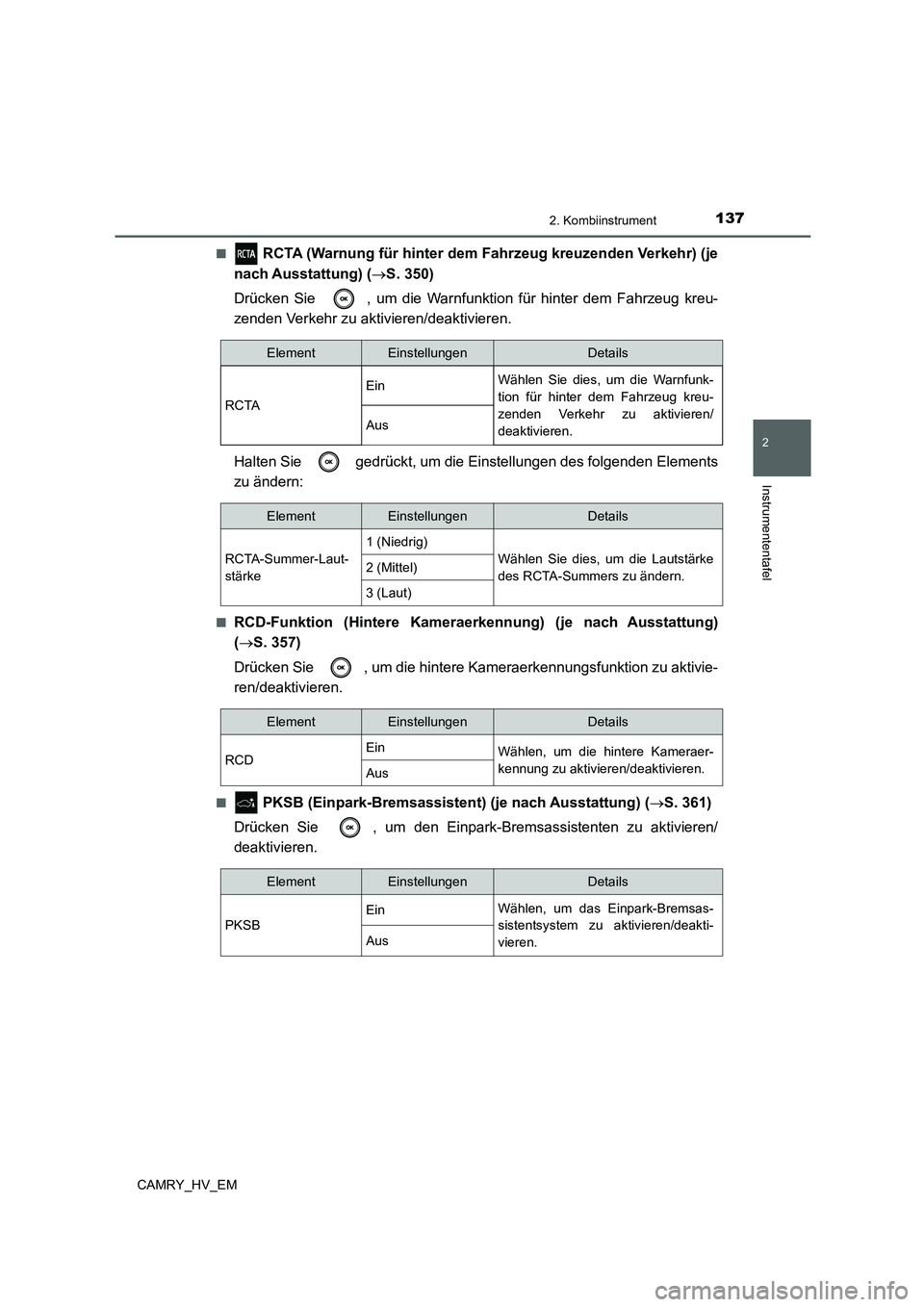 TOYOTA CAMRY 2022 Betriebsanleitungen (in German) 1372. Kombiinstrument
2
Instrumententafel
CAMRY_HV_EM■
RCTA (Warnung für hinter dem Fahrzeug kreuzenden Verkehr) (je
nach Ausstattung) (S. 350)
Drücken Sie , um die Warnfunktion für hinter d TOYOTA CAMRY 2022 Betriebsanleitungen (in German) 1372. Kombiinstrument
2
Instrumententafel
CAMRY_HV_EM■
RCTA (Warnung für hinter dem Fahrzeug kreuzenden Verkehr) (je
nach Ausstattung) (S. 350)
Drücken Sie , um die Warnfunktion für hinter d