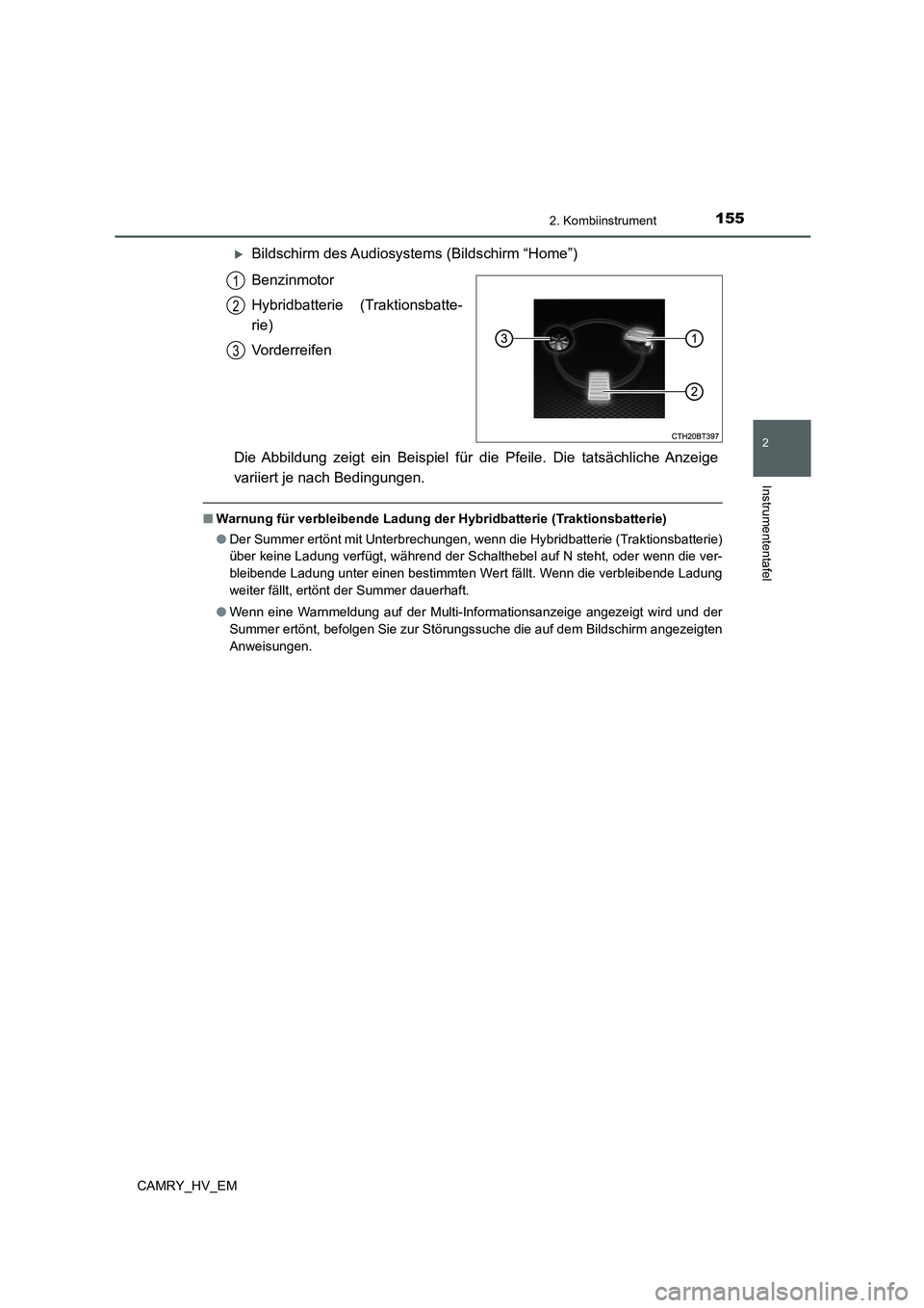 TOYOTA CAMRY 2022 Betriebsanleitungen (in German) 1552. Kombiinstrument
2
Instrumententafel
CAMRY_HV_EM
Bildschirm des Audiosystems (Bildschirm “Home”)
Benzinmotor
Hybridbatterie (Traktionsbatte-
rie)
Vorderreifen
Die Abbildung zeigt ein Beisp TOYOTA CAMRY 2022 Betriebsanleitungen (in German) 1552. Kombiinstrument
2
Instrumententafel
CAMRY_HV_EM
Bildschirm des Audiosystems (Bildschirm “Home”)
Benzinmotor
Hybridbatterie (Traktionsbatte-
rie)
Vorderreifen
Die Abbildung zeigt ein Beisp