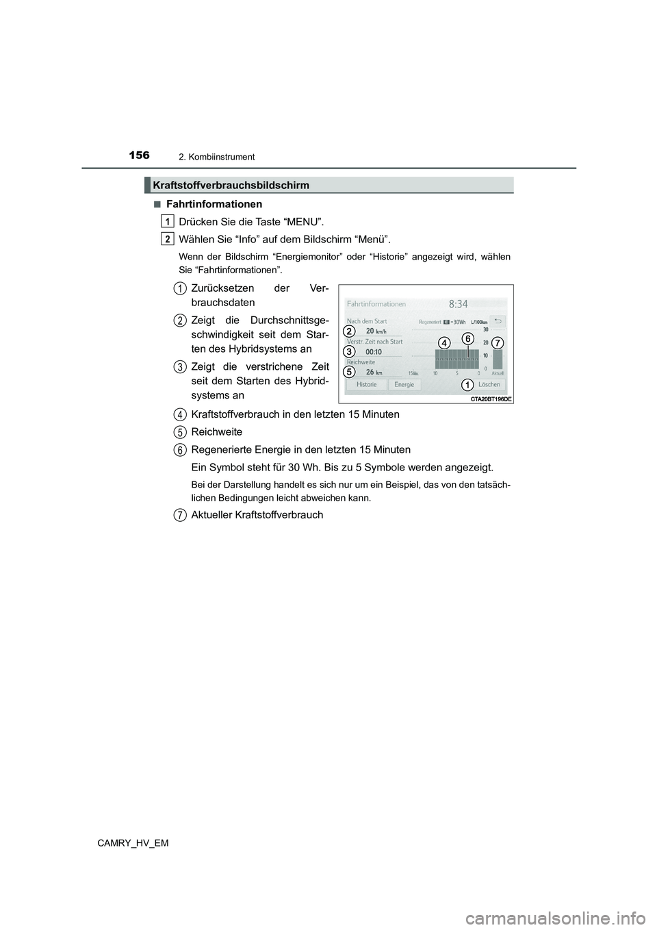 TOYOTA CAMRY 2022 Betriebsanleitungen (in German) 1562. Kombiinstrument
CAMRY_HV_EM■
Fahrtinformationen
Drücken Sie die Taste “MENU”.
Wählen Sie “Info” auf dem Bildschirm “Menü”.
Wenn der Bildschirm “Energiemonitor” oder “Histo TOYOTA CAMRY 2022 Betriebsanleitungen (in German) 1562. Kombiinstrument
CAMRY_HV_EM■
Fahrtinformationen
Drücken Sie die Taste “MENU”.
Wählen Sie “Info” auf dem Bildschirm “Menü”.
Wenn der Bildschirm “Energiemonitor” oder “Histo