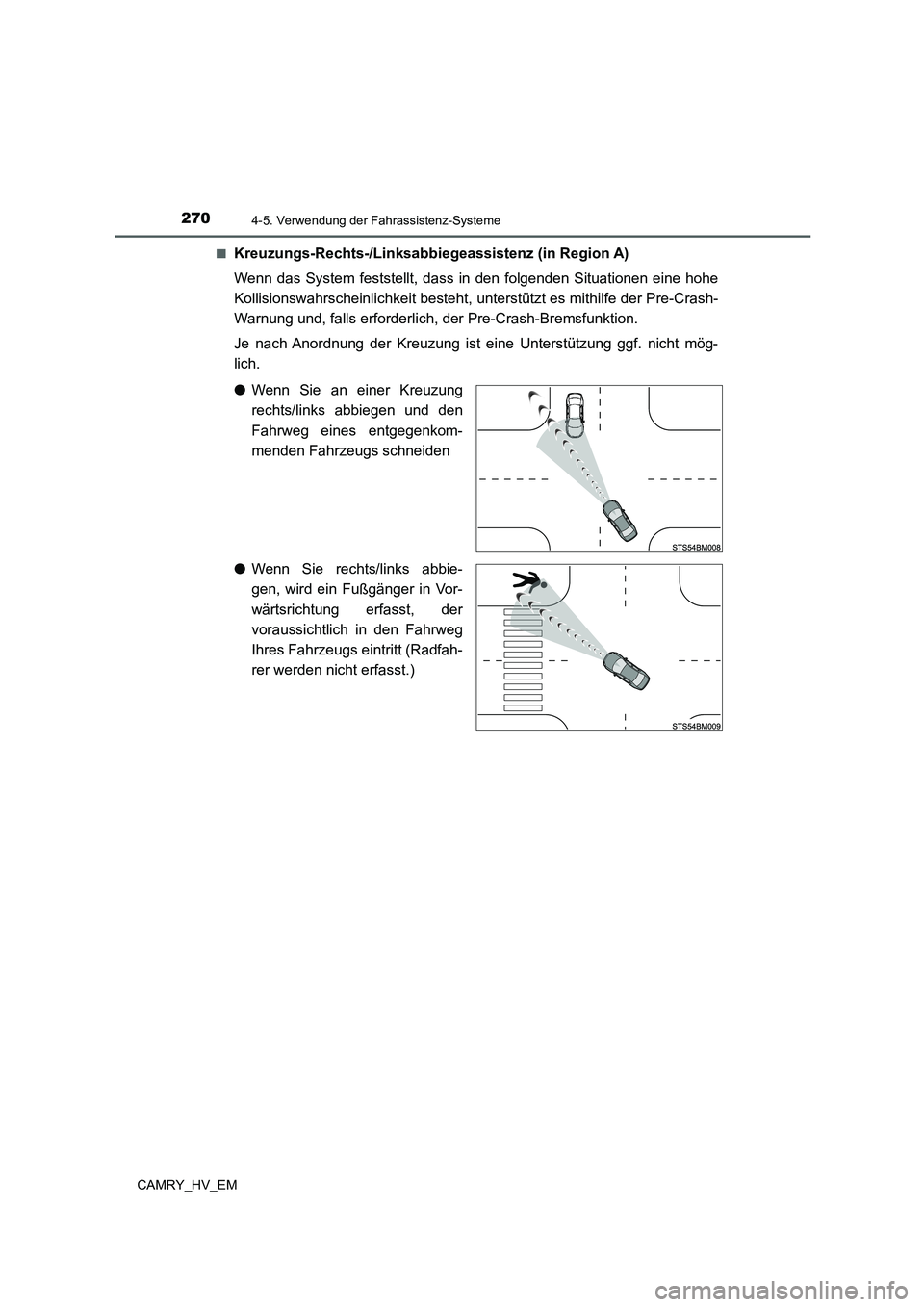 TOYOTA CAMRY 2022  Betriebsanleitungen (in German) 2704-5. Verwendung der Fahrassistenz-Systeme
CAMRY_HV_EM■
Kreuzungs-Rechts-/Linksabbiegeassistenz (in Region A)
Wenn das System feststellt, dass in den folgenden Situationen eine hohe
Kollisionswahr