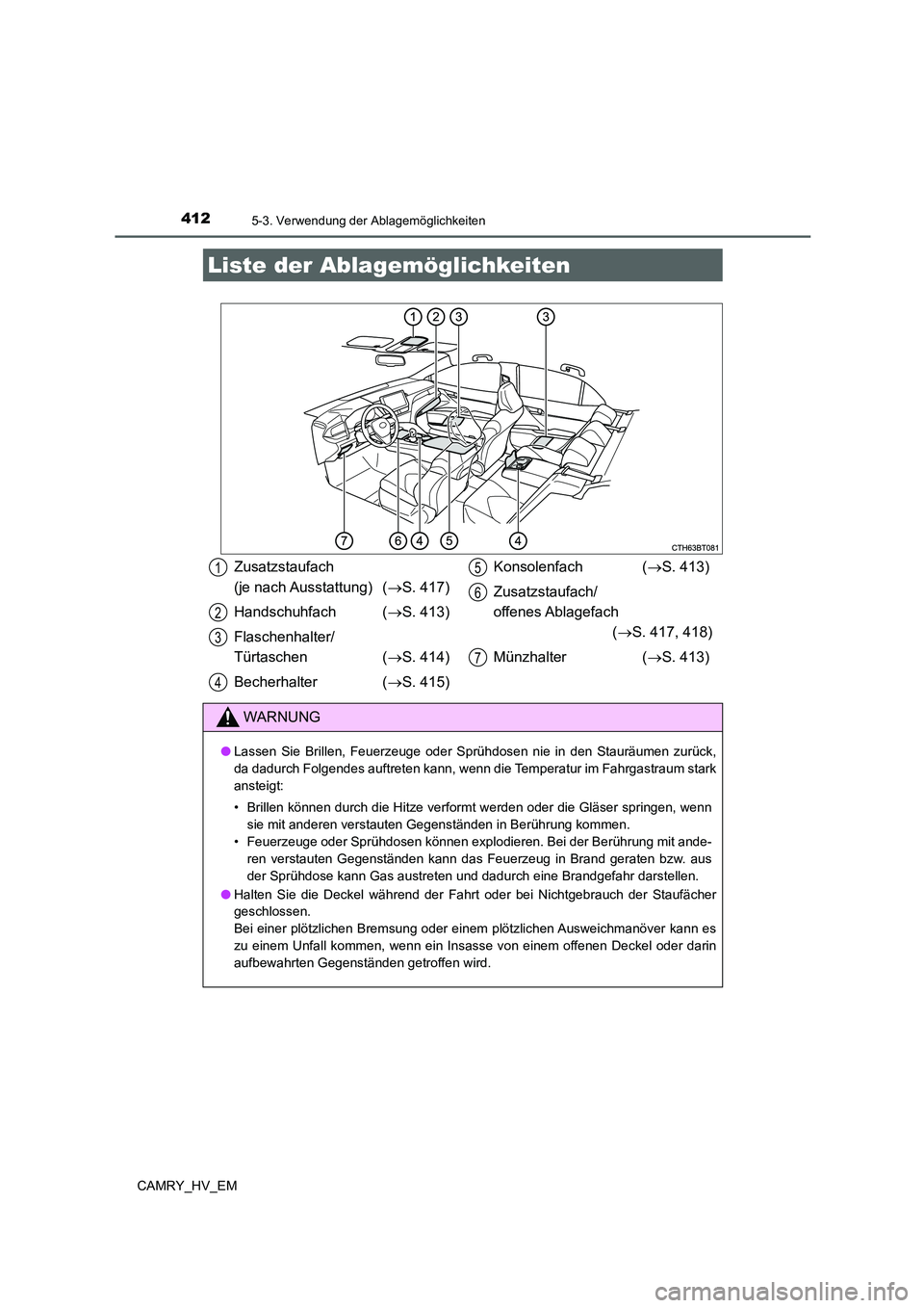 TOYOTA CAMRY 2022 Betriebsanleitungen (in German) 412
CAMRY_HV_EM
5-3. Verwendung der Ablagemöglichkeiten
Liste der Ablagemöglichkeiten
Zusatzstaufach
(je nach Ausstattung) (S. 417)
Handschuhfach (S. 413)
Flaschenhalter/
Türtaschen (S. 4 TOYOTA CAMRY 2022 Betriebsanleitungen (in German) 412
CAMRY_HV_EM
5-3. Verwendung der Ablagemöglichkeiten
Liste der Ablagemöglichkeiten
Zusatzstaufach
(je nach Ausstattung) (S. 417)
Handschuhfach (S. 413)
Flaschenhalter/
Türtaschen (S. 4