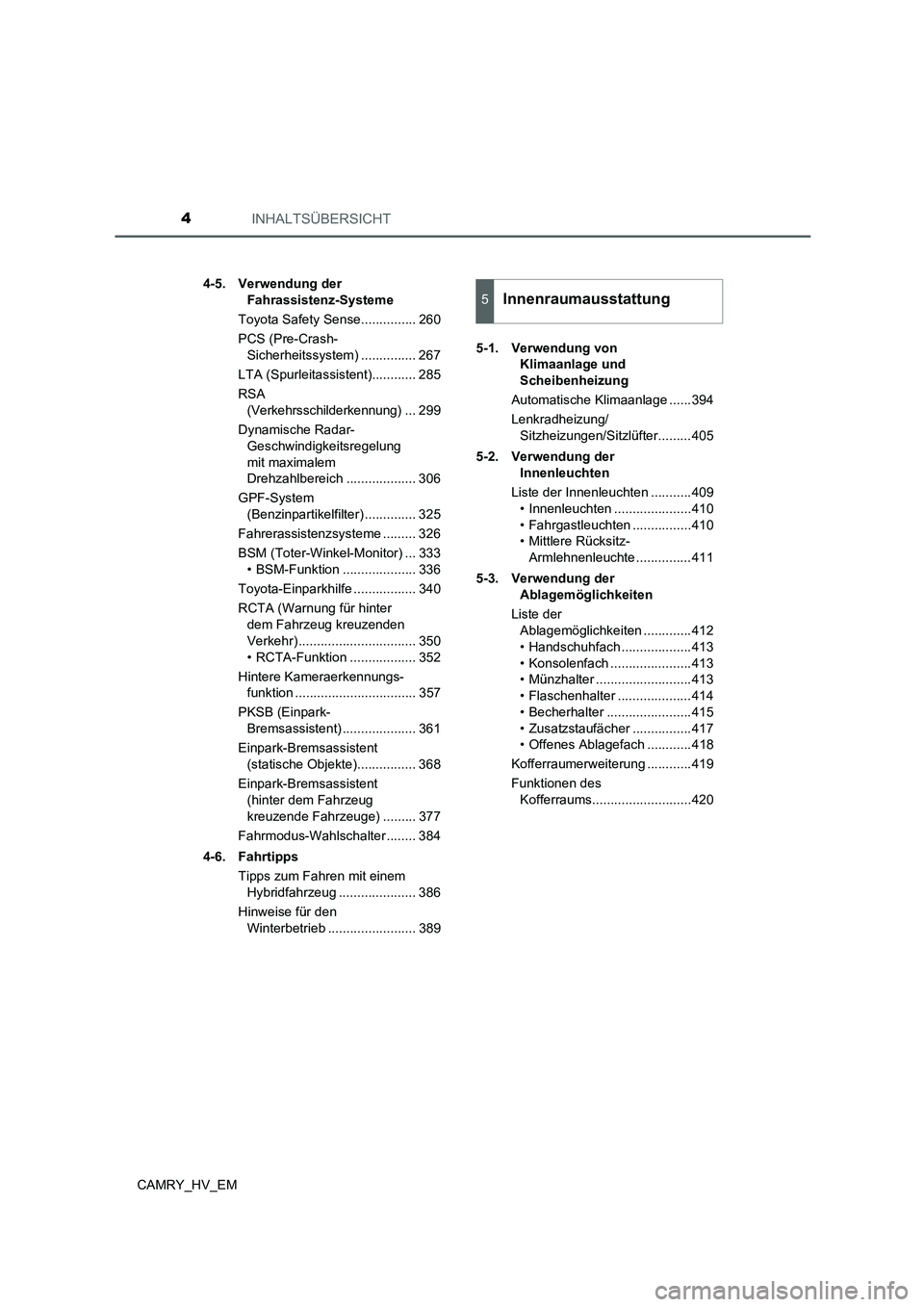 TOYOTA CAMRY 2022  Betriebsanleitungen (in German) INHALTSÜBERSICHT4
CAMRY_HV_EM4-5. Verwendung der 
Fahrassistenz-Systeme
Toyota Safety Sense............... 260
PCS (Pre-Crash-
Sicherheitssystem) ............... 267
LTA (Spurleitassistent)..........