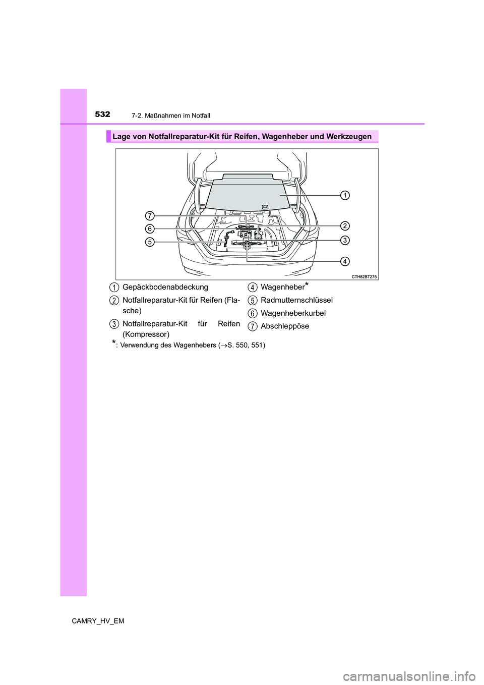 TOYOTA CAMRY 2022  Betriebsanleitungen (in German) 5327-2. Maßnahmen im Notfall
CAMRY_HV_EM
*: Verwendung des Wagenhebers (S. 550, 551)
Lage von Notfallreparatur-Kit für Reifen, Wagenheber und Werkzeugen 
Gepäckbodenabdeckung
Notfallreparatur-Ki