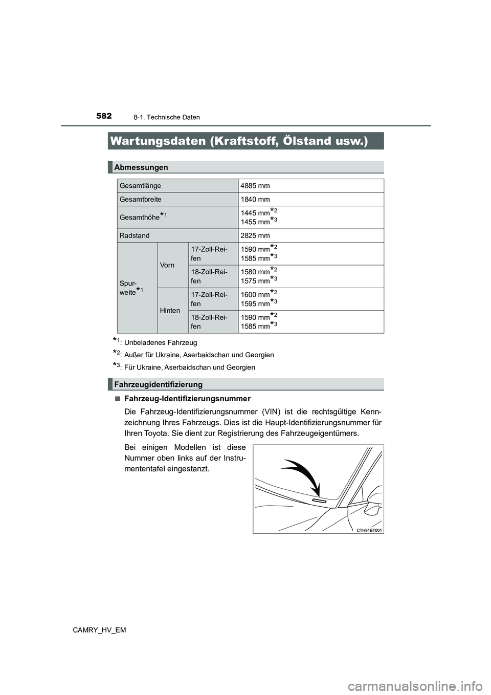 TOYOTA CAMRY 2022  Betriebsanleitungen (in German) 582
CAMRY_HV_EM
8-1. Technische Daten
*1: Unbeladenes Fahrzeug
*2: Außer für Ukraine, Aserbaidschan und Georgien
*3: Für Ukraine, Aserbaidschan und Georgien
■
Fahrzeug-Identifizierungsnummer
Die 