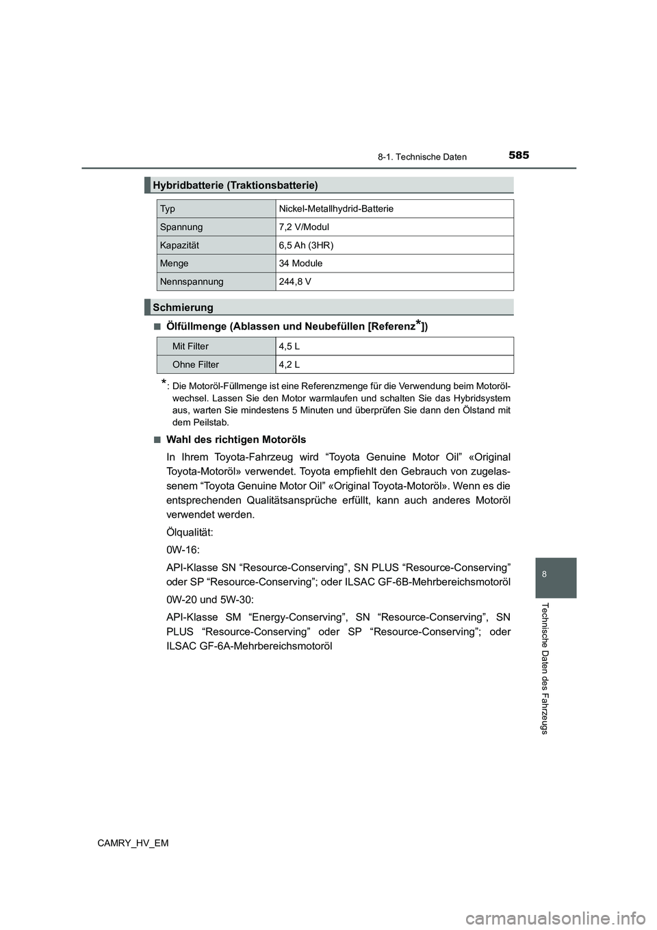 TOYOTA CAMRY 2022  Betriebsanleitungen (in German) 5858-1. Technische Daten
CAMRY_HV_EM
8
Technische Daten des Fahrzeugs
■Ölfüllmenge (Ablassen und Neubefüllen [Referenz*])
*: Die Motoröl-Füllmenge ist eine Referenzmenge für die Verwendung bei