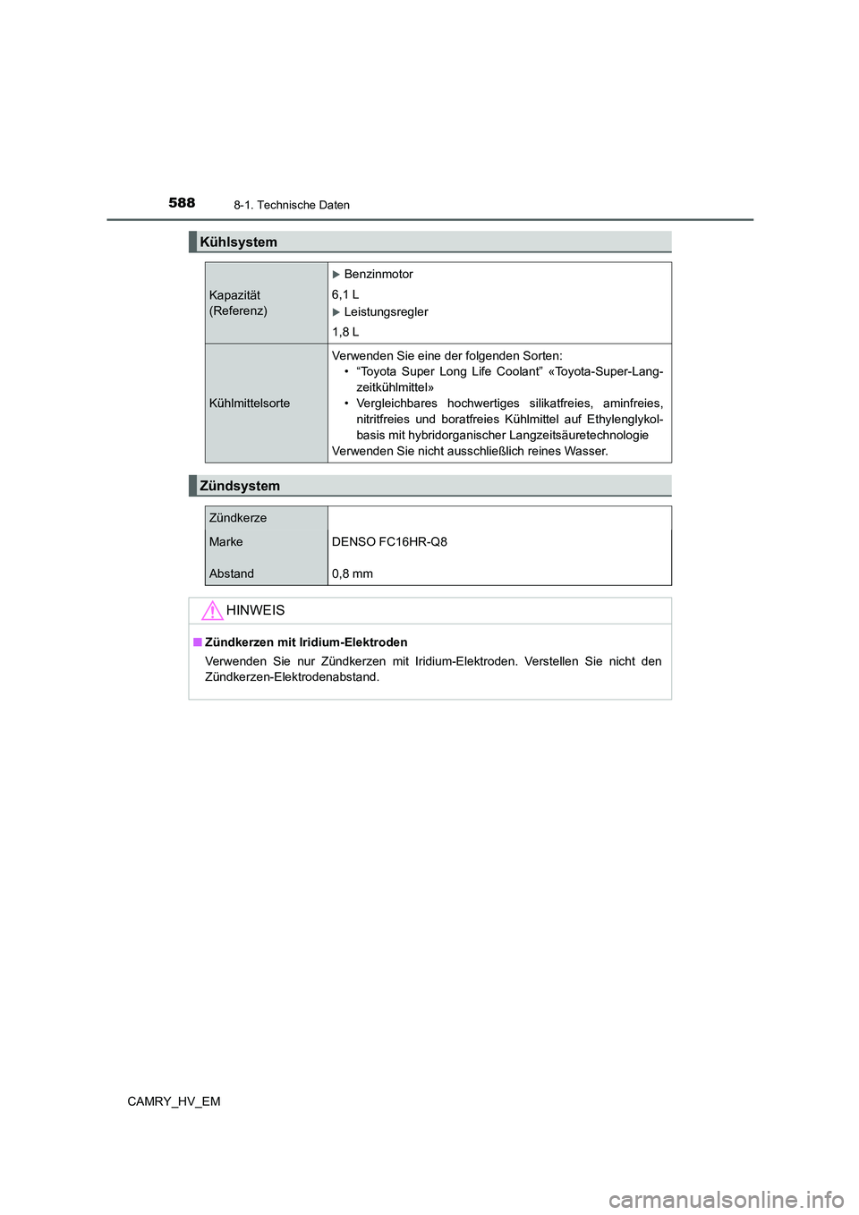 TOYOTA CAMRY 2022  Betriebsanleitungen (in German) 5888-1. Technische Daten
CAMRY_HV_EM
Kühlsystem
Kapazität 
(Referenz)
Benzinmotor
6,1 L
Leistungsregler
1,8 L
KühlmittelsorteVerwenden Sie eine der folgenden Sorten:
• “Toyota Super Long 