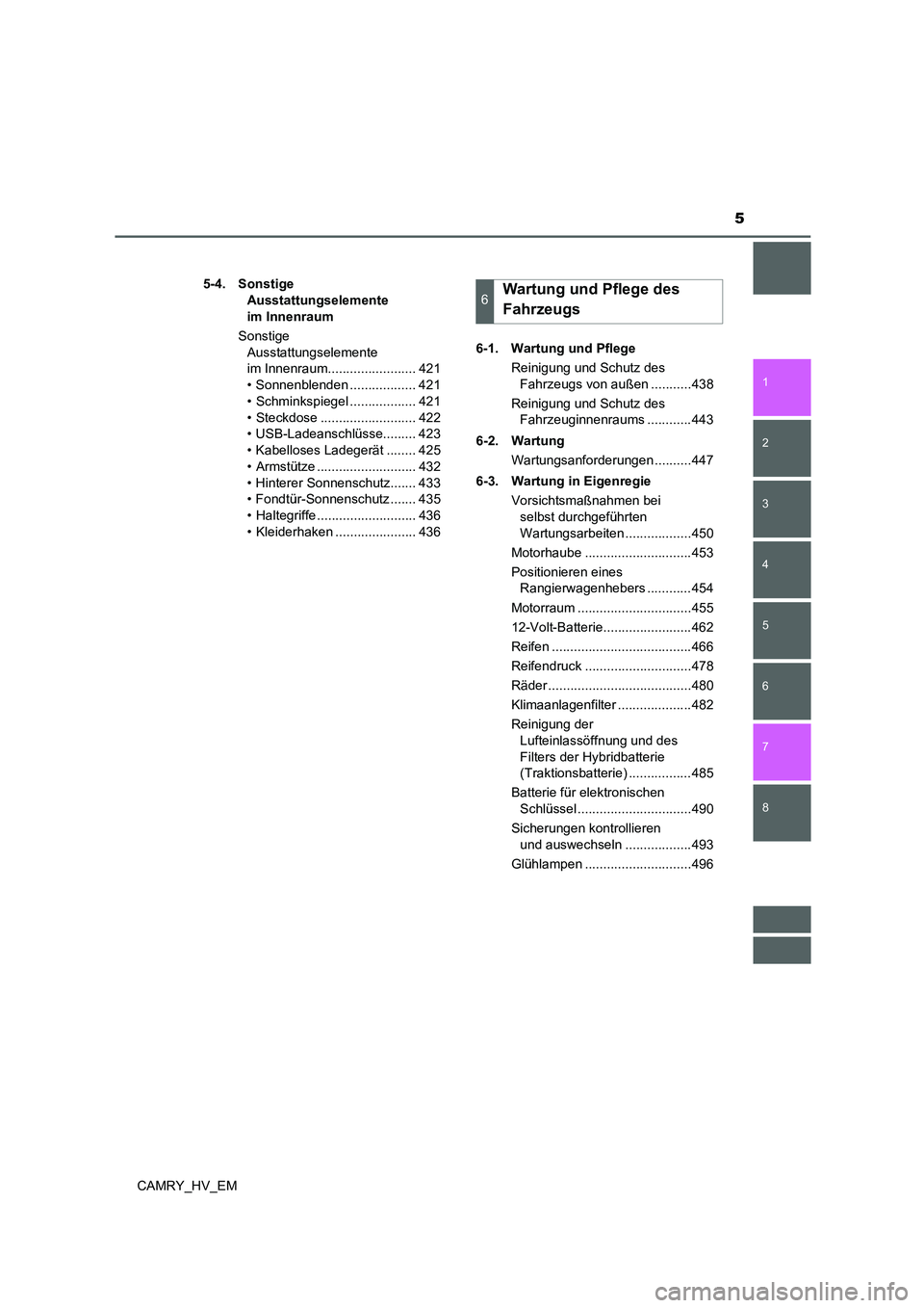 TOYOTA CAMRY 2022  Betriebsanleitungen (in German) 5
1
8 7
6
5
4
3
2
CAMRY_HV_EM
5-4. Sonstige 
Ausstattungselemente 
im Innenraum
Sonstige 
Ausstattungselemente 
im Innenraum........................ 421
• Sonnenblenden .................. 421
• Sc