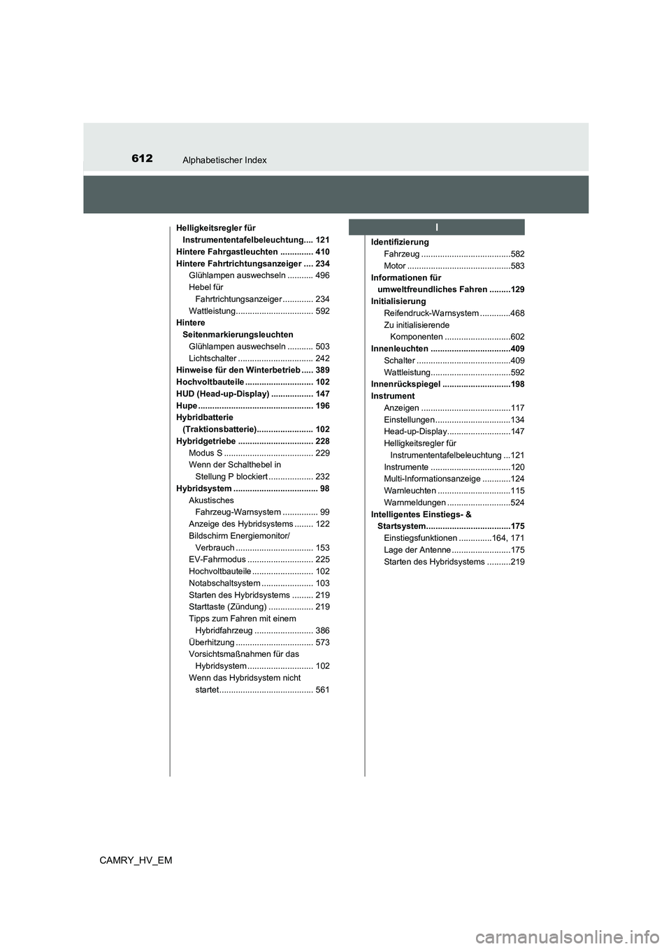 TOYOTA CAMRY 2022 Betriebsanleitungen (in German) 612Alphabetischer Index
CAMRY_HV_EM
Helligkeitsregler für
Instrumententafelbeleuchtung.... 121
Hintere Fahrgastleuchten .............. 410
Hintere Fahrtrichtungsanzeiger .... 234
Glühlampen auswech TOYOTA CAMRY 2022 Betriebsanleitungen (in German) 612Alphabetischer Index
CAMRY_HV_EM
Helligkeitsregler für
Instrumententafelbeleuchtung.... 121
Hintere Fahrgastleuchten .............. 410
Hintere Fahrtrichtungsanzeiger .... 234
Glühlampen auswech