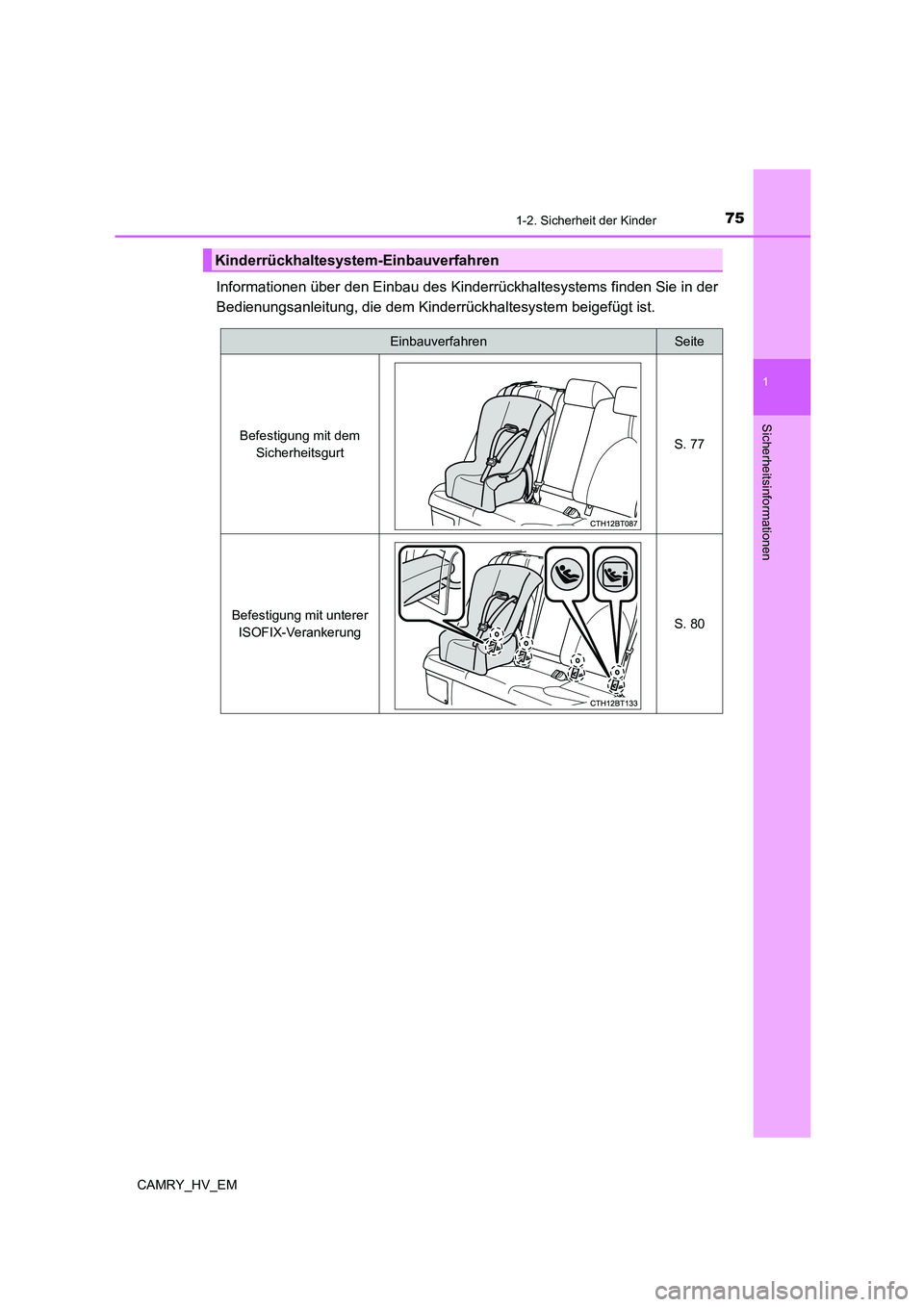 TOYOTA CAMRY 2022 Betriebsanleitungen (in German) 751-2. Sicherheit der Kinder
1
Sicherheitsinformationen
CAMRY_HV_EM
Informationen über den Einbau des Kinderrückhaltesystems finden Sie in der
Bedienungsanleitung, die dem Kinderrückhaltesystem bei TOYOTA CAMRY 2022 Betriebsanleitungen (in German) 751-2. Sicherheit der Kinder
1
Sicherheitsinformationen
CAMRY_HV_EM
Informationen über den Einbau des Kinderrückhaltesystems finden Sie in der
Bedienungsanleitung, die dem Kinderrückhaltesystem bei