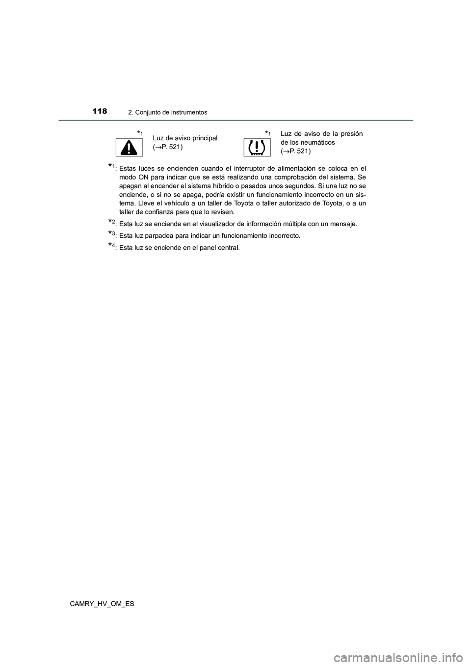 TOYOTA CAMRY 2022 Manual del propietario (in Spanish) 1182. Conjunto de instrumentos
CAMRY_HV_OM_ES
*1: Estas luces se encienden cuando el interruptor de alimentación se coloca en el
modo ON para indicar que se está realizando una comprobación del si TOYOTA CAMRY 2022 Manual del propietario (in Spanish) 1182. Conjunto de instrumentos
CAMRY_HV_OM_ES
*1: Estas luces se encienden cuando el interruptor de alimentación se coloca en el
modo ON para indicar que se está realizando una comprobación del si
