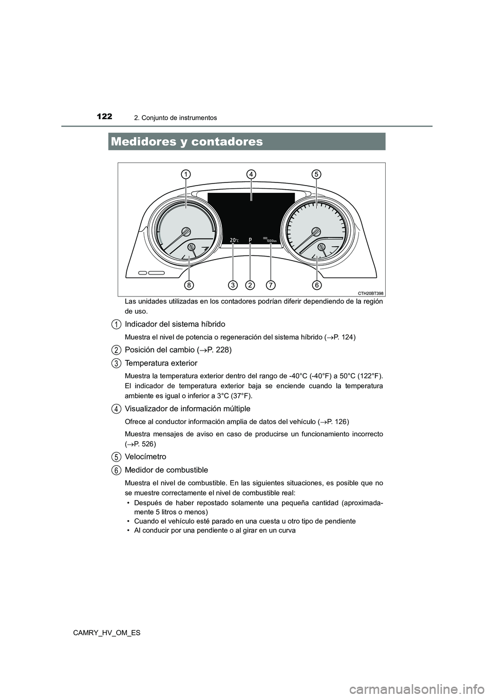TOYOTA CAMRY 2022  Manual del propietario (in Spanish) 1222. Conjunto de instrumentos
CAMRY_HV_OM_ES 
Las unidades utilizadas en los contadores podrían diferir dependiendo de la región 
de uso.
Indicador del sistema híbrido
Muestra el nivel de potencia