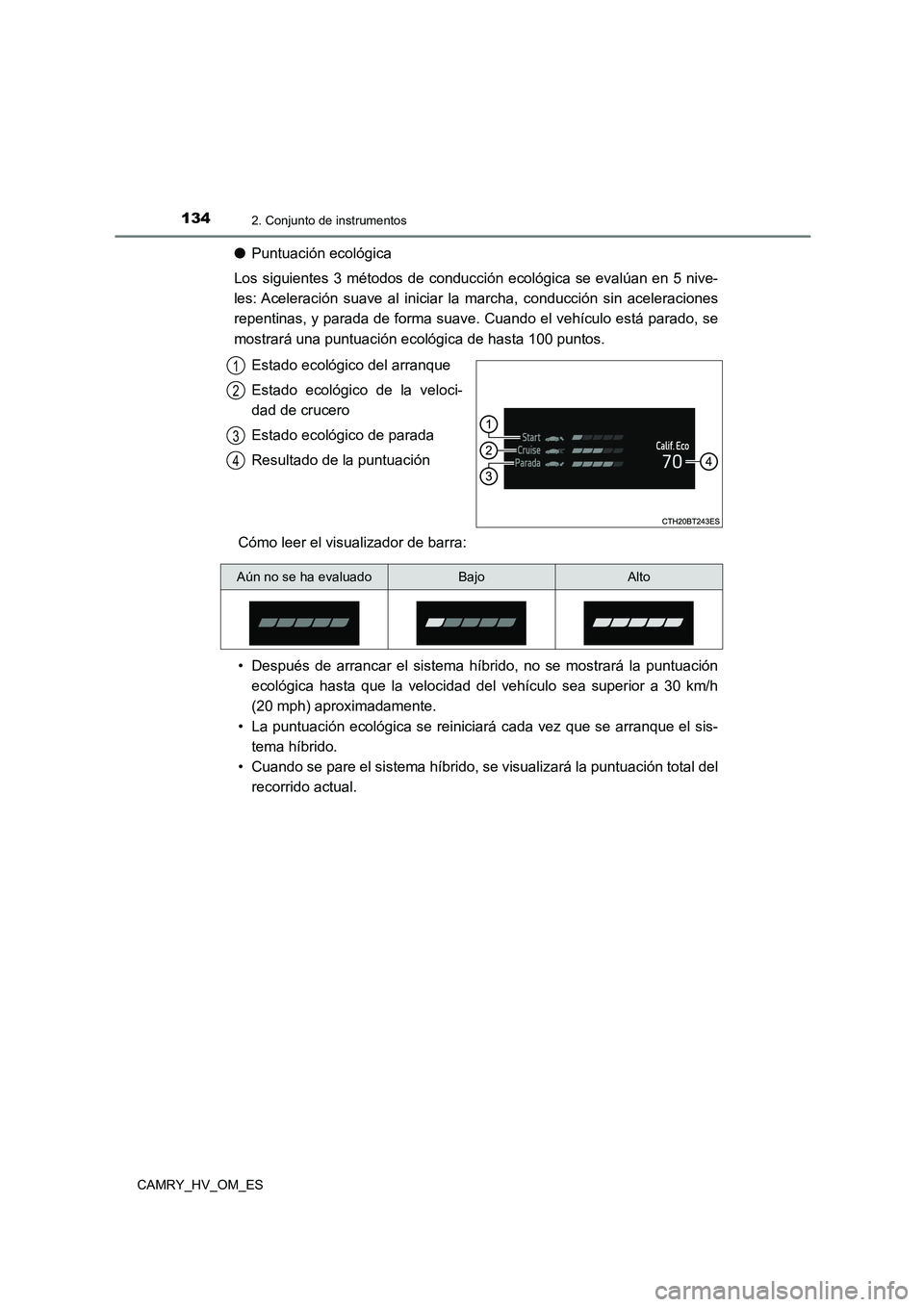 TOYOTA CAMRY 2022  Manual del propietario (in Spanish) 1342. Conjunto de instrumentos
CAMRY_HV_OM_ES
●Puntuación ecológica 
Los siguientes 3 métodos de conducción ecológica se evalúan en 5 nive- 
les: Aceleración suave al iniciar la marcha, condu