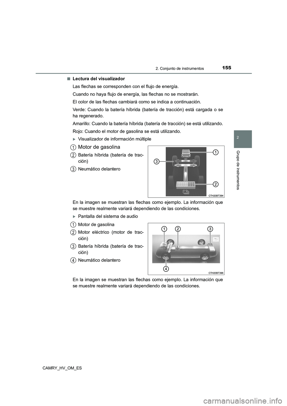 TOYOTA CAMRY 2022 Manual del propietario (in Spanish) 1552. Conjunto de instrumentos
2
Grupo de instrumentos
CAMRY_HV_OM_ES
■Lectura del visualizador
Las flechas se corresponden con el flujo de energía.
Cuando no haya flujo de energía, las flechas TOYOTA CAMRY 2022 Manual del propietario (in Spanish) 1552. Conjunto de instrumentos
2
Grupo de instrumentos
CAMRY_HV_OM_ES
■Lectura del visualizador
Las flechas se corresponden con el flujo de energía.
Cuando no haya flujo de energía, las flechas