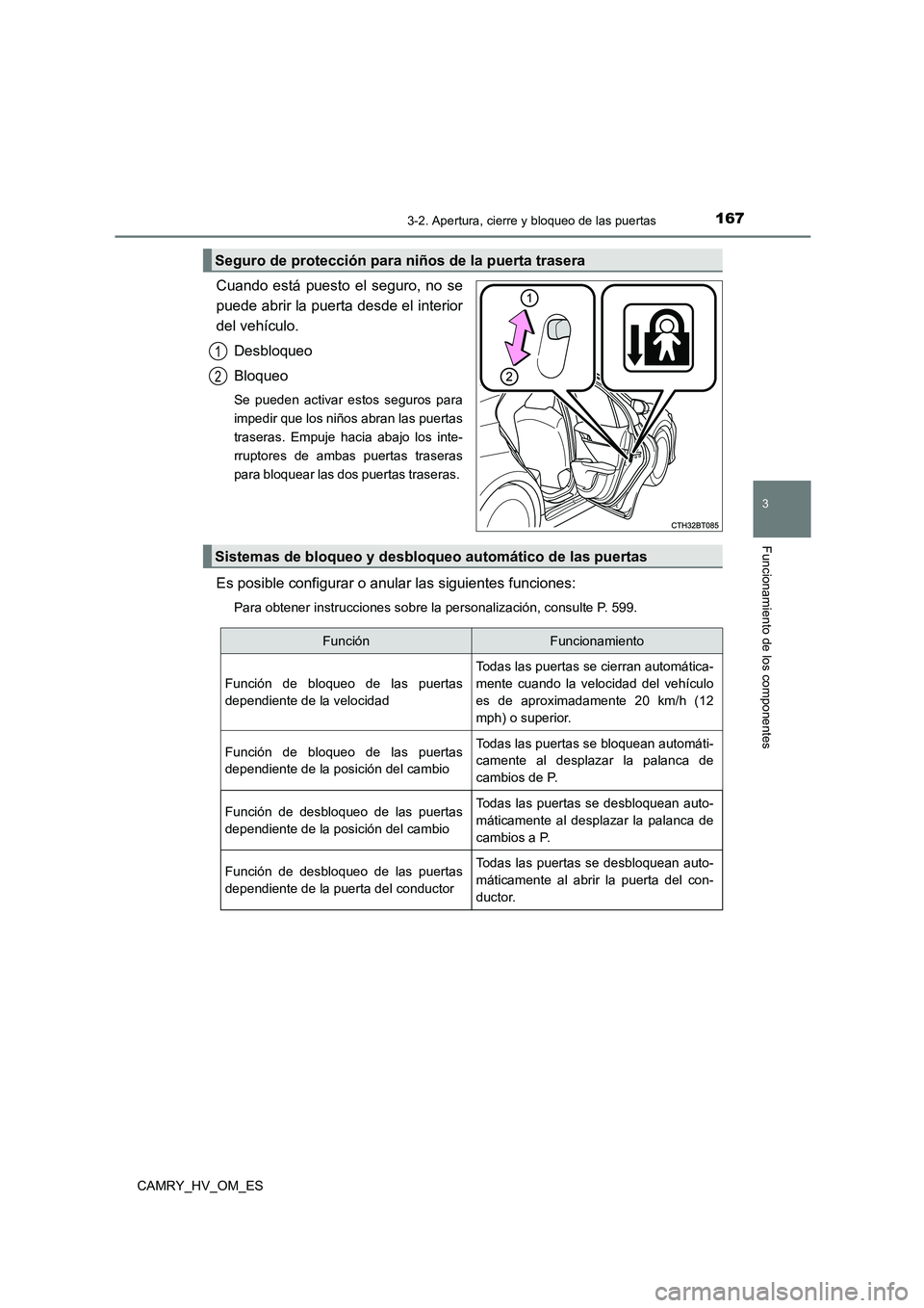 TOYOTA CAMRY 2022  Manual del propietario (in Spanish) 1673-2. Apertura, cierre y bloqueo de las puertas
3
Funcionamiento de los componentes
CAMRY_HV_OM_ES
Cuando está puesto el seguro, no se 
puede abrir la puerta desde el interior 
del vehículo. 
Desb