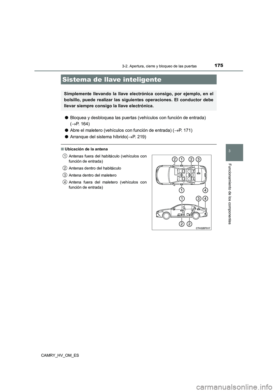 TOYOTA CAMRY 2022  Manual del propietario (in Spanish) 1753-2. Apertura, cierre y bloqueo de las puertas
3
Funcionamiento de los componentes
CAMRY_HV_OM_ES
●Bloquea y desbloquea las puertas (vehículos con función de entrada)  
( P. 164) 
● Abre e
