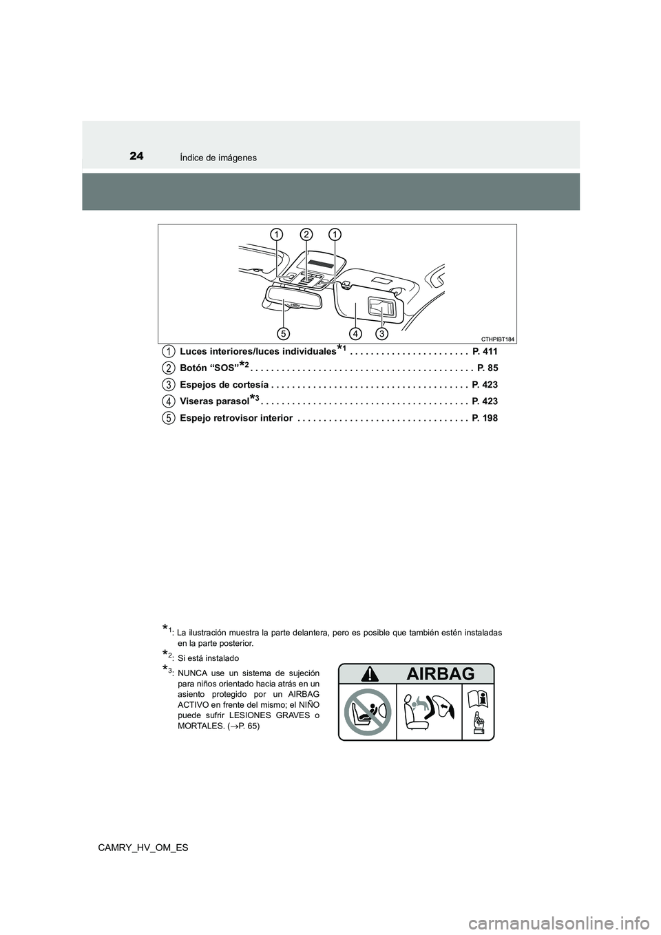 TOYOTA CAMRY 2022 Manual del propietario (in Spanish) 24Índice de imágenes
CAMRY_HV_OM_ES
Luces interiores/luces individuales*1 . . . . . . . . . . . . . . . . . . . . . . . P. 411
Botón “SOS”*2. . . . . . . . . . . . . . . . . . . . . . . . . TOYOTA CAMRY 2022 Manual del propietario (in Spanish) 24Índice de imágenes
CAMRY_HV_OM_ES
Luces interiores/luces individuales*1 . . . . . . . . . . . . . . . . . . . . . . . P. 411
Botón “SOS”*2. . . . . . . . . . . . . . . . . . . . . . . . .