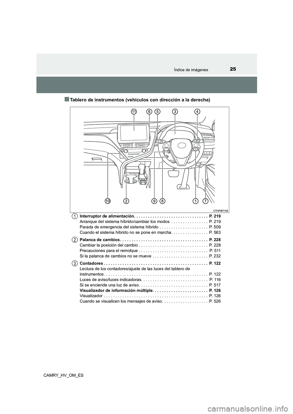 TOYOTA CAMRY 2022 Manual del propietario (in Spanish) 25Índice de imágenes
CAMRY_HV_OM_ES
■Tablero de instrumentos (vehículos con dirección a la derecha)
Interruptor de alimentación . . . . . . . . . . . . . . . . . . . . . . . . . . . . . . . . TOYOTA CAMRY 2022 Manual del propietario (in Spanish) 25Índice de imágenes
CAMRY_HV_OM_ES
■Tablero de instrumentos (vehículos con dirección a la derecha)
Interruptor de alimentación . . . . . . . . . . . . . . . . . . . . . . . . . . . . . . . .