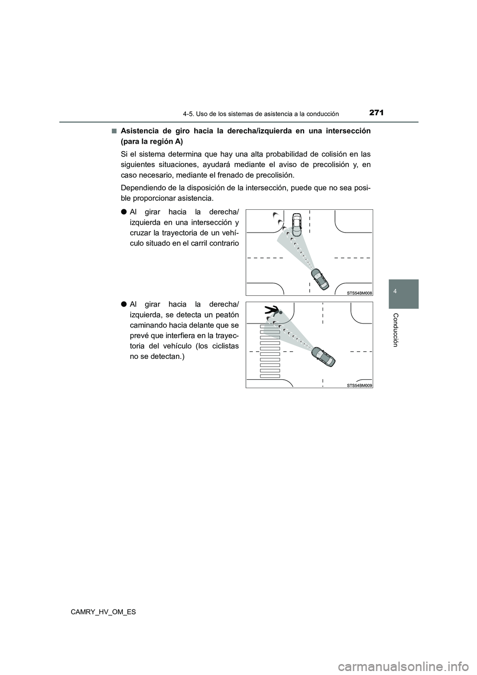 TOYOTA CAMRY 2022 Manual del propietario (in Spanish) 2714-5. Uso de los sistemas de asistencia a la conducción
4
Conducción
CAMRY_HV_OM_ES
■Asistencia de giro hacia la der echa/izquierda en una intersección
(para la región A)
Si el sistema dete TOYOTA CAMRY 2022 Manual del propietario (in Spanish) 2714-5. Uso de los sistemas de asistencia a la conducción
4
Conducción
CAMRY_HV_OM_ES
■Asistencia de giro hacia la der echa/izquierda en una intersección
(para la región A)
Si el sistema dete