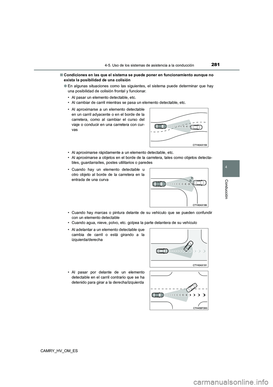 TOYOTA CAMRY 2022  Manual del propietario (in Spanish) 2814-5. Uso de los sistemas de asistencia a la conducción
4
Conducción
CAMRY_HV_OM_ES 
■ Condiciones en las que el sistema se puede poner en funcionamiento aunque no 
exista la posibilidad de una 