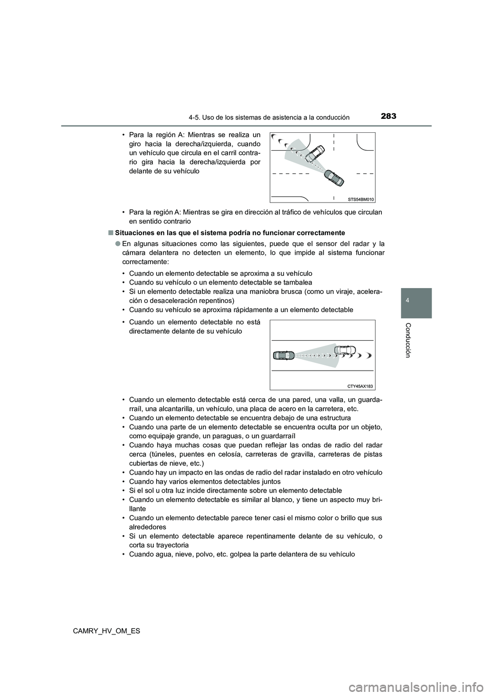 TOYOTA CAMRY 2022  Manual del propietario (in Spanish) 2834-5. Uso de los sistemas de asistencia a la conducción
4
Conducción
CAMRY_HV_OM_ES 
• Para la región A: Mientras se gira en dirección al tráfico de vehículos que circulan 
en sentido contra