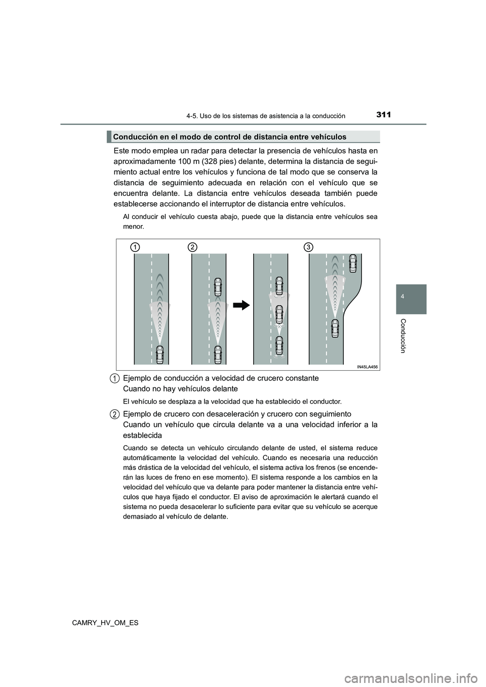 TOYOTA CAMRY 2022 Manual del propietario (in Spanish) 3114-5. Uso de los sistemas de asistencia a la conducción
4
Conducción
CAMRY_HV_OM_ES
Este modo emplea un radar para detectar la presencia de vehículos hasta en
aproximadamente 100 m (328 pies) de TOYOTA CAMRY 2022 Manual del propietario (in Spanish) 3114-5. Uso de los sistemas de asistencia a la conducción
4
Conducción
CAMRY_HV_OM_ES
Este modo emplea un radar para detectar la presencia de vehículos hasta en
aproximadamente 100 m (328 pies) de