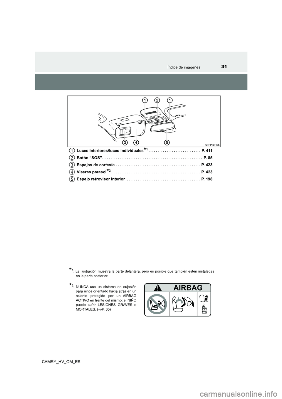 TOYOTA CAMRY 2022 Manual del propietario (in Spanish) 31Índice de imágenes
CAMRY_HV_OM_ES
Luces interiores/luces individuales*1 . . . . . . . . . . . . . . . . . . . . . . . P. 411
Botón “SOS” . . . . . . . . . . . . . . . . . . . . . . . . . . TOYOTA CAMRY 2022 Manual del propietario (in Spanish) 31Índice de imágenes
CAMRY_HV_OM_ES
Luces interiores/luces individuales*1 . . . . . . . . . . . . . . . . . . . . . . . P. 411
Botón “SOS” . . . . . . . . . . . . . . . . . . . . . . . . . .
