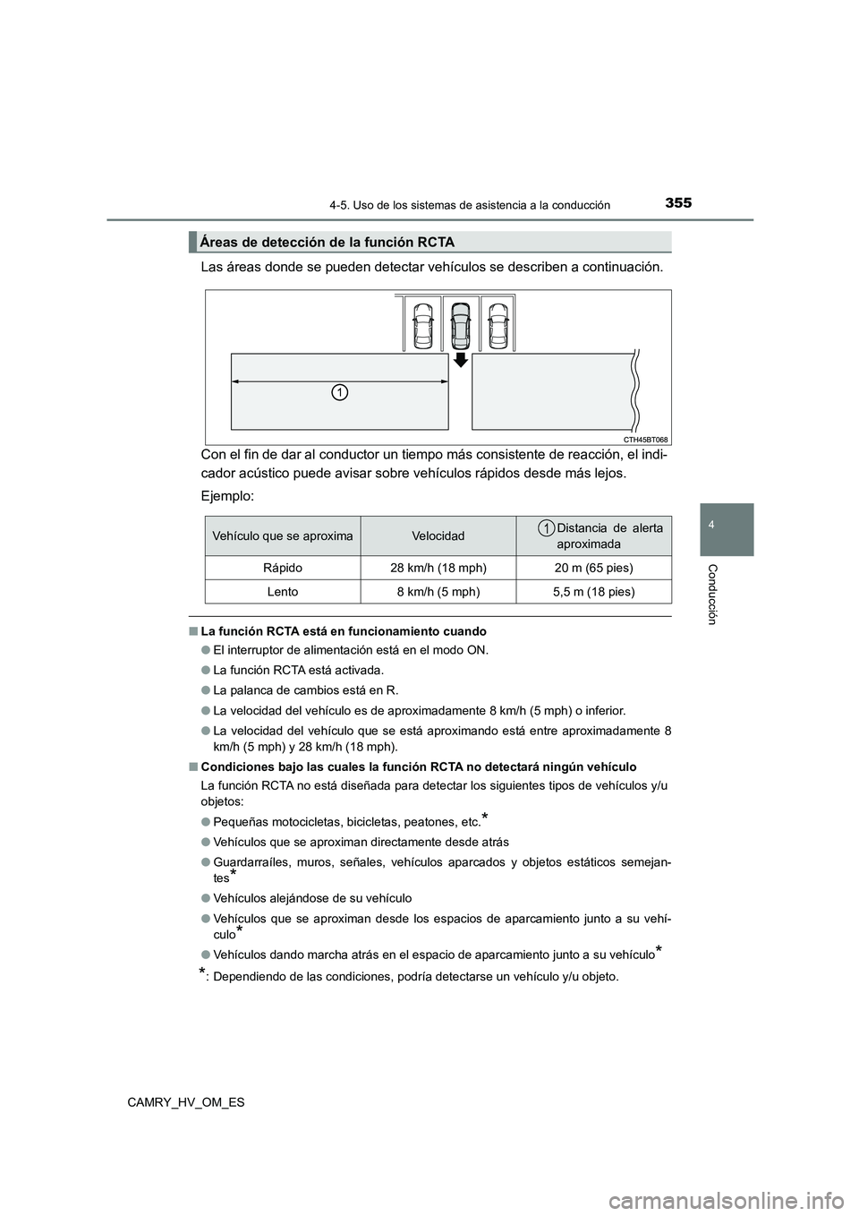 TOYOTA CAMRY 2022 Manual del propietario (in Spanish) 3554-5. Uso de los sistemas de asistencia a la conducción
4
Conducción
CAMRY_HV_OM_ES
Las áreas donde se pueden detectar vehículos se describen a continuación.
Con el fin de dar al conductor un TOYOTA CAMRY 2022 Manual del propietario (in Spanish) 3554-5. Uso de los sistemas de asistencia a la conducción
4
Conducción
CAMRY_HV_OM_ES
Las áreas donde se pueden detectar vehículos se describen a continuación.
Con el fin de dar al conductor un