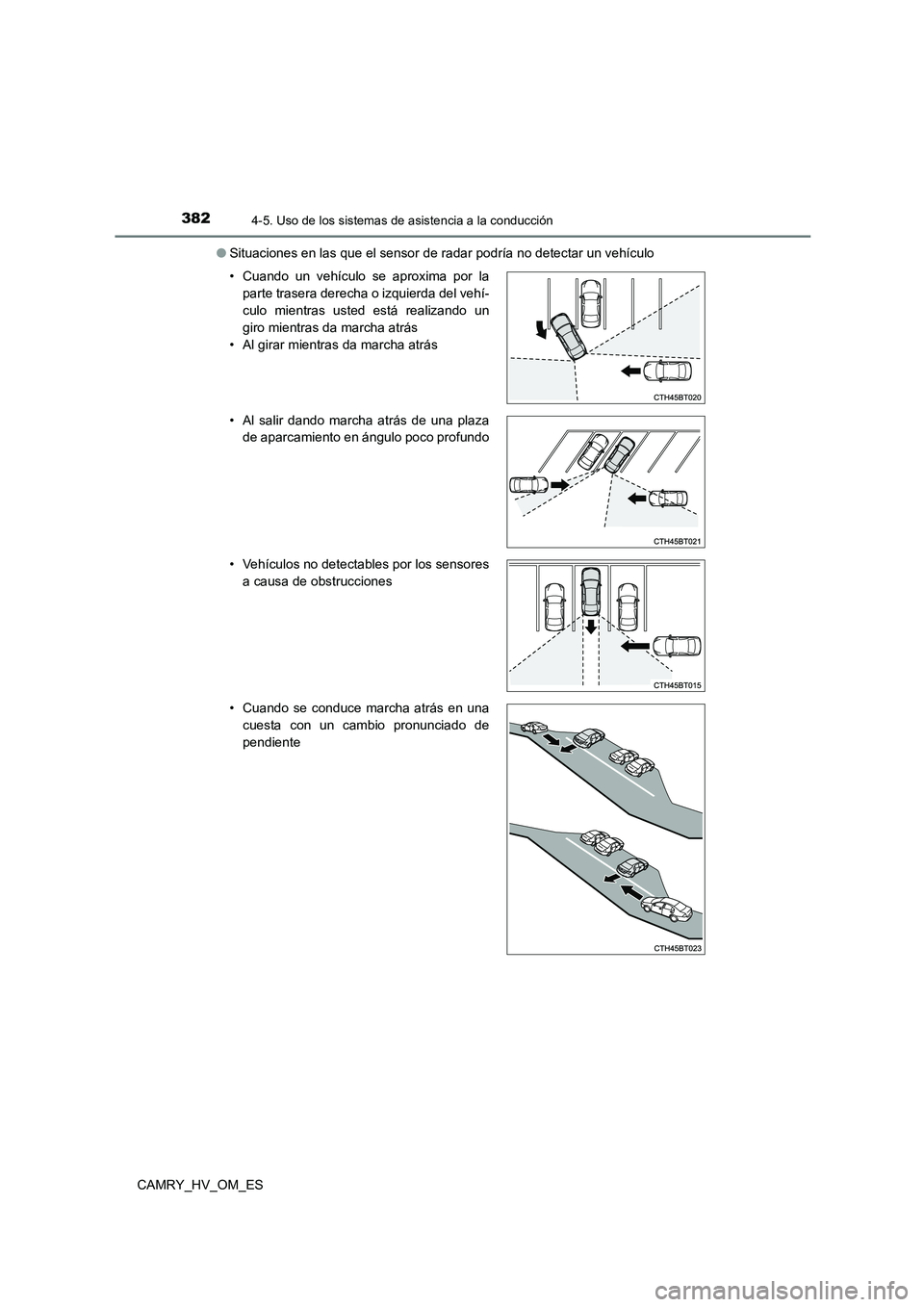 TOYOTA CAMRY 2022 Manual del propietario (in Spanish) 3824-5. Uso de los sistemas de asistencia a la conducción
CAMRY_HV_OM_ES
● Situaciones en las que el sensor de radar podría no detectar un vehículo
• Cuando un vehículo se aproxima por la
p TOYOTA CAMRY 2022 Manual del propietario (in Spanish) 3824-5. Uso de los sistemas de asistencia a la conducción
CAMRY_HV_OM_ES
● Situaciones en las que el sensor de radar podría no detectar un vehículo
• Cuando un vehículo se aproxima por la
p