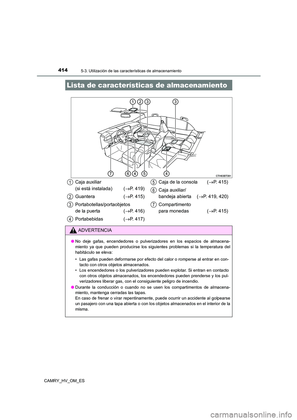 TOYOTA CAMRY 2022 Manual del propietario (in Spanish) 414
CAMRY_HV_OM_ES
5-3. Utilización de las características de almacenamiento
Lista de características de almacenamiento
Caja auxiliar
(si está instalada) ( P. 419)
Guantera ( P. 415)
Por TOYOTA CAMRY 2022 Manual del propietario (in Spanish) 414
CAMRY_HV_OM_ES
5-3. Utilización de las características de almacenamiento
Lista de características de almacenamiento
Caja auxiliar
(si está instalada) ( P. 419)
Guantera ( P. 415)
Por