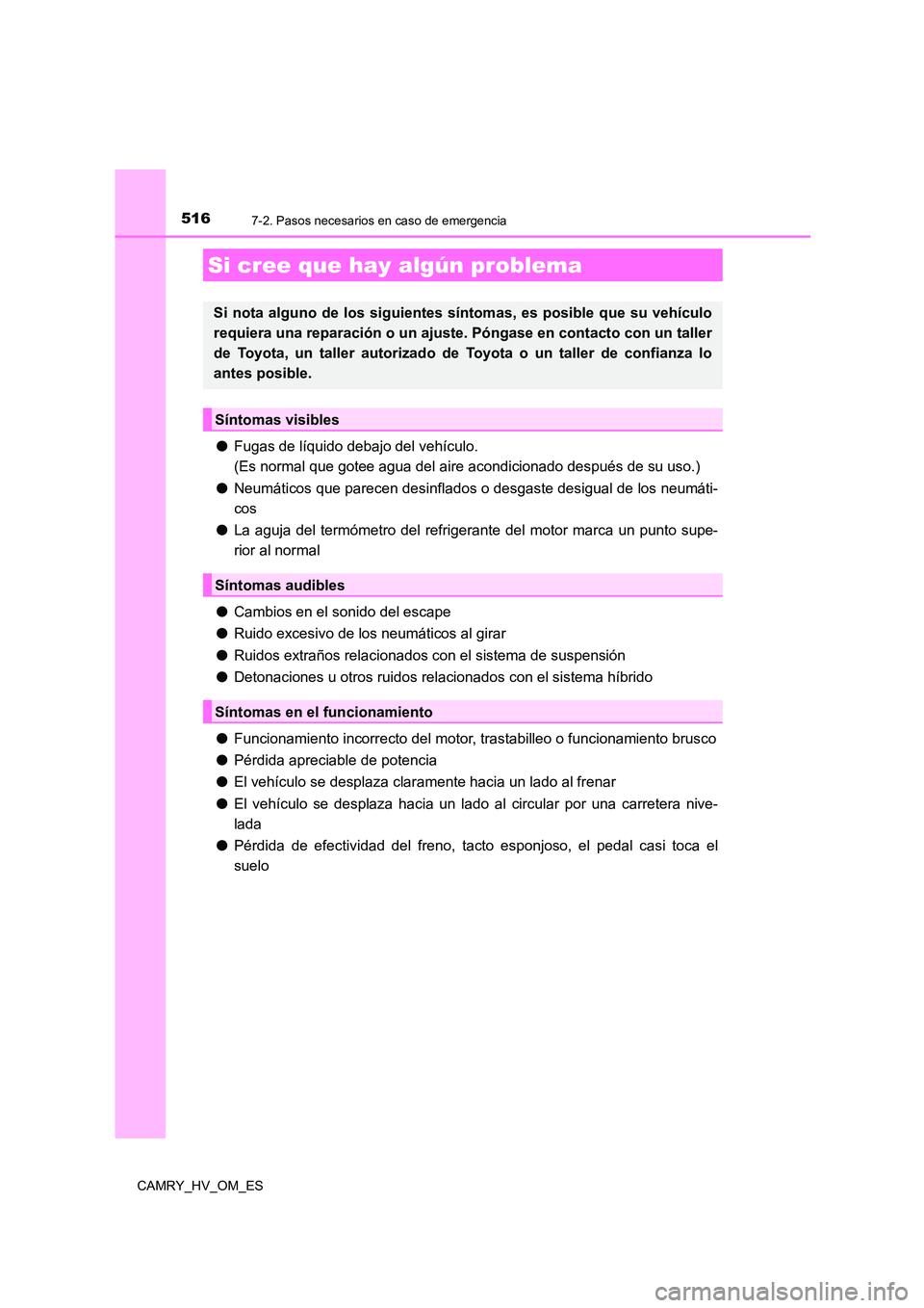 TOYOTA CAMRY 2022 Manual del propietario (in Spanish) 5167-2. Pasos necesarios en caso de emergencia
CAMRY_HV_OM_ES
●Fugas de líquido debajo del vehículo.
(Es normal que gotee agua del aire acondicionado después de su uso.)
● Neumáticos que pa TOYOTA CAMRY 2022 Manual del propietario (in Spanish) 5167-2. Pasos necesarios en caso de emergencia
CAMRY_HV_OM_ES
●Fugas de líquido debajo del vehículo.
(Es normal que gotee agua del aire acondicionado después de su uso.)
● Neumáticos que pa