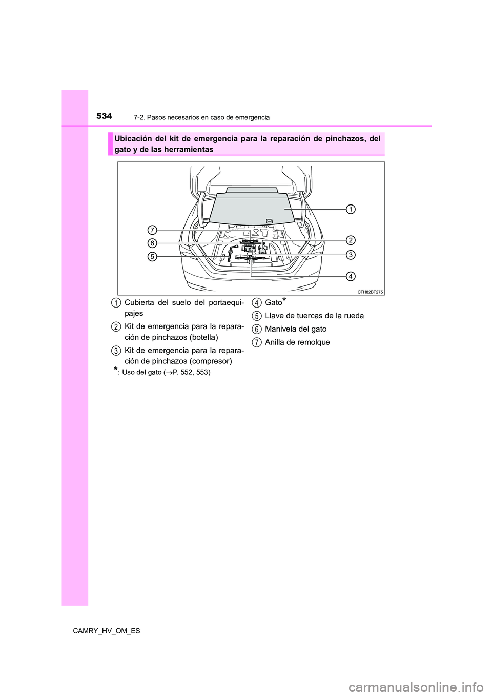 TOYOTA CAMRY 2022 Manual del propietario (in Spanish) 5347-2. Pasos necesarios en caso de emergencia
CAMRY_HV_OM_ES
*: Uso del gato (P. 552, 553)
Ubicación del kit de emergencia para la reparación de pinchazos, del
gato y de las herramientas
Cubie TOYOTA CAMRY 2022 Manual del propietario (in Spanish) 5347-2. Pasos necesarios en caso de emergencia
CAMRY_HV_OM_ES
*: Uso del gato (P. 552, 553)
Ubicación del kit de emergencia para la reparación de pinchazos, del
gato y de las herramientas
Cubie